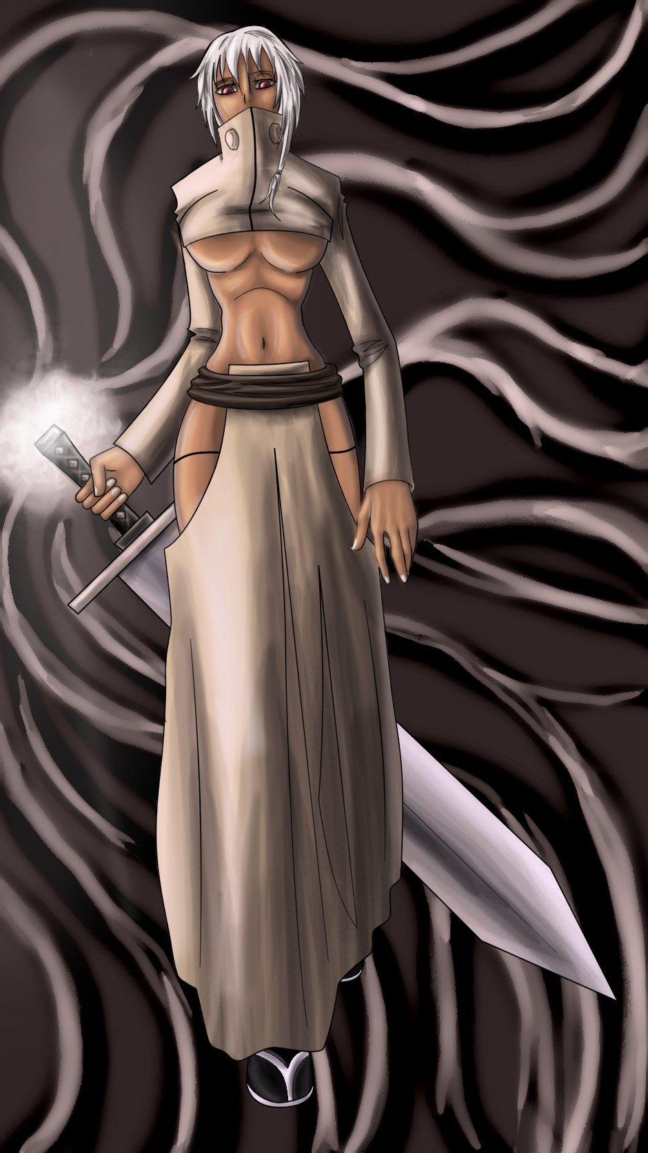 blacklusterseph004, last-of-the-arrancar, tier harribel, bleach, highres, 00s, 1girl, arrancar, breasts, dark-skinned female, dark skin, female focus, hollow (bleach), number tattoo, red eyes, solo, sword, tattoo, underboob, weapon, white hair