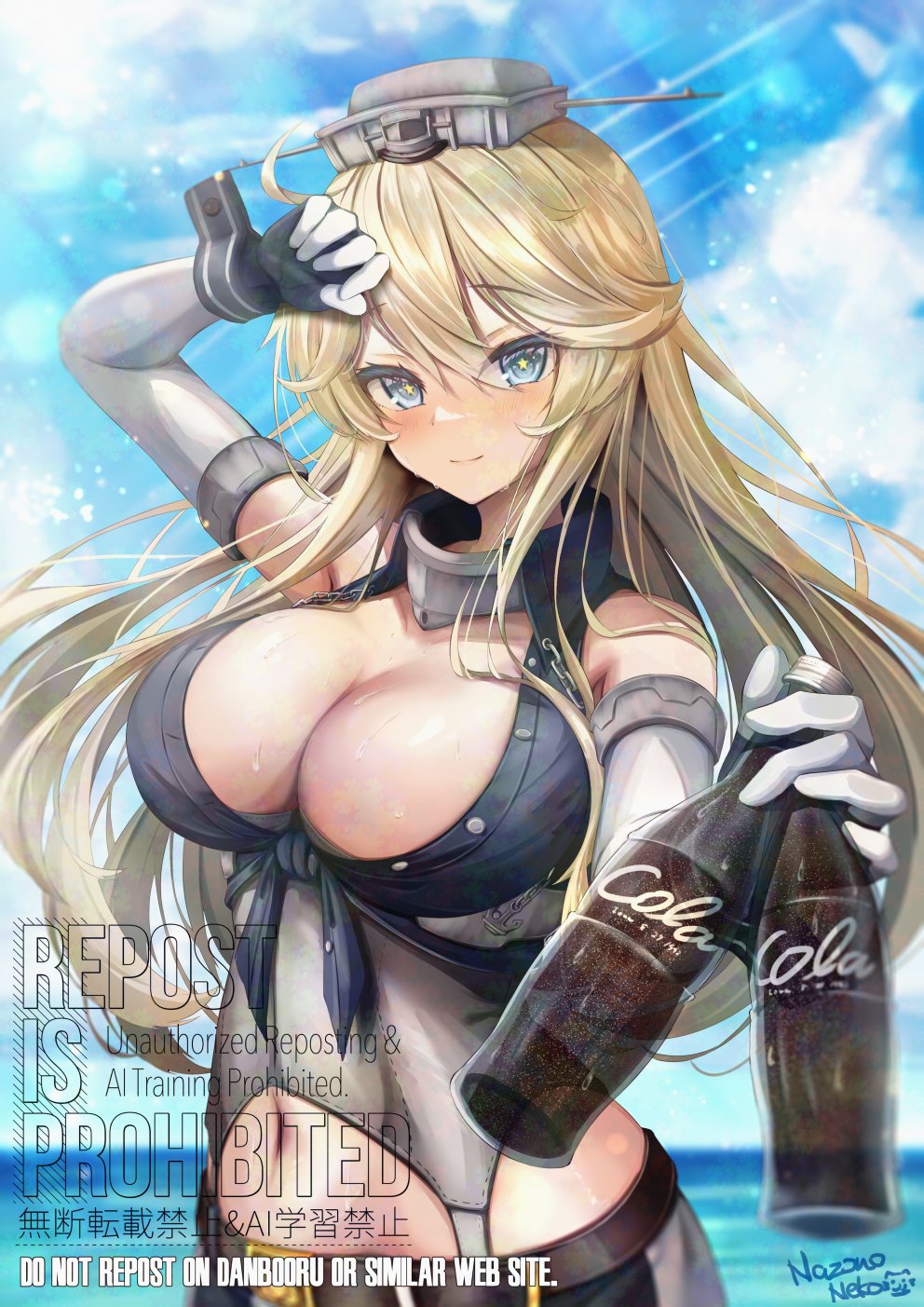 nazono neko, iowa (kancolle), kantai collection, commentary request, highres, 1girl, arm up, belt, blonde hair, blue eyes, blue sky, blush, bottle, breasts, brown belt, cleavage, closed mouth, cola, corset, elbow gloves, fingerless gloves, front-tie top, gloves, hair between eyes, headgear, holding, holding bottle, large breasts, long hair, looking at viewer, navel, outdoors, skirt, sky, smile, solo, star-shaped pupils, star (symbol), striped clothes, striped skirt, symbol-shaped pupils, upper body, vertical-striped clothes, vertical-striped skirt