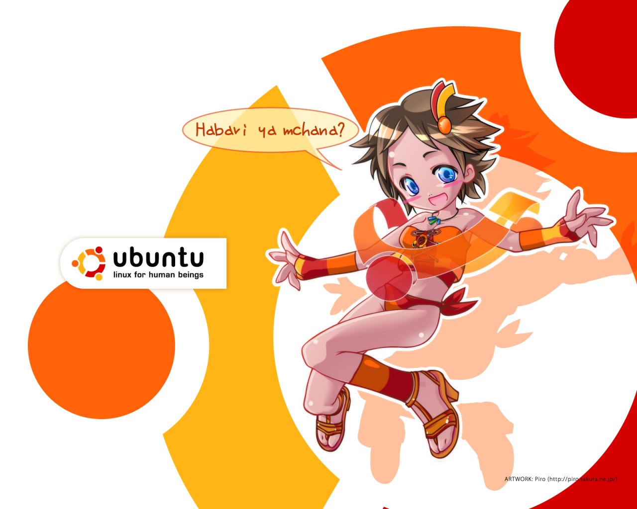 geek, piro (artist), piro (piro r), linux, os-tan, ubuntu, translation request, 1girl, bare shoulders, bikini, blue eyes, blue hair, blush, brown hair, computering, dark-skinned female, dark skin, feet, female focus, hair ornament, happy, high heel sandals, high heels, jewelry, matching hair/eyes, necklace, sandals, shadow, shoes, short hair, solo, strapless, swimsuit, text focus, toes, tube top