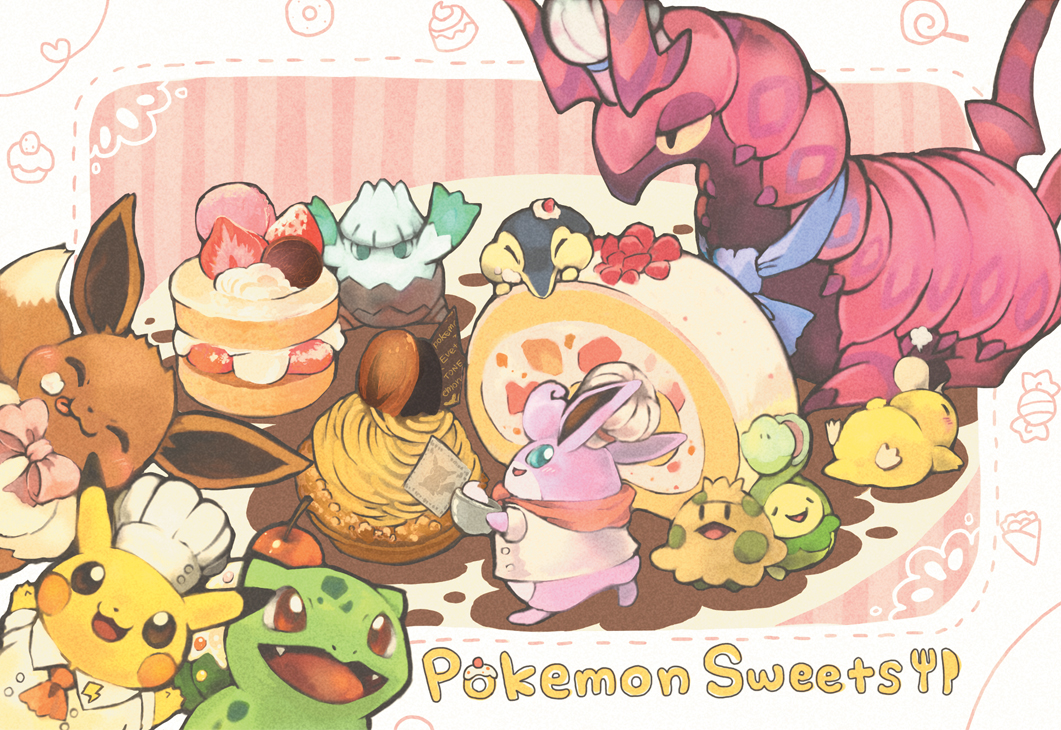 toneko, budew, bulbasaur, cyndaquil, eevee, pikachu, psyduck, scolipede, shroomish, snover, wigglytuff, nintendo, pokemon, commentary request, bow, bowl, cake, chef hat, cherry, clothed pokemon, cupcake, eating, food, fruit, gen 1 pokemon, gen 2 pokemon, gen 3 pokemon, gen 4 pokemon, gen 5 pokemon, hat, holding, holding bowl, no humans, pokemon (creature), smile, strawberry, swiss roll