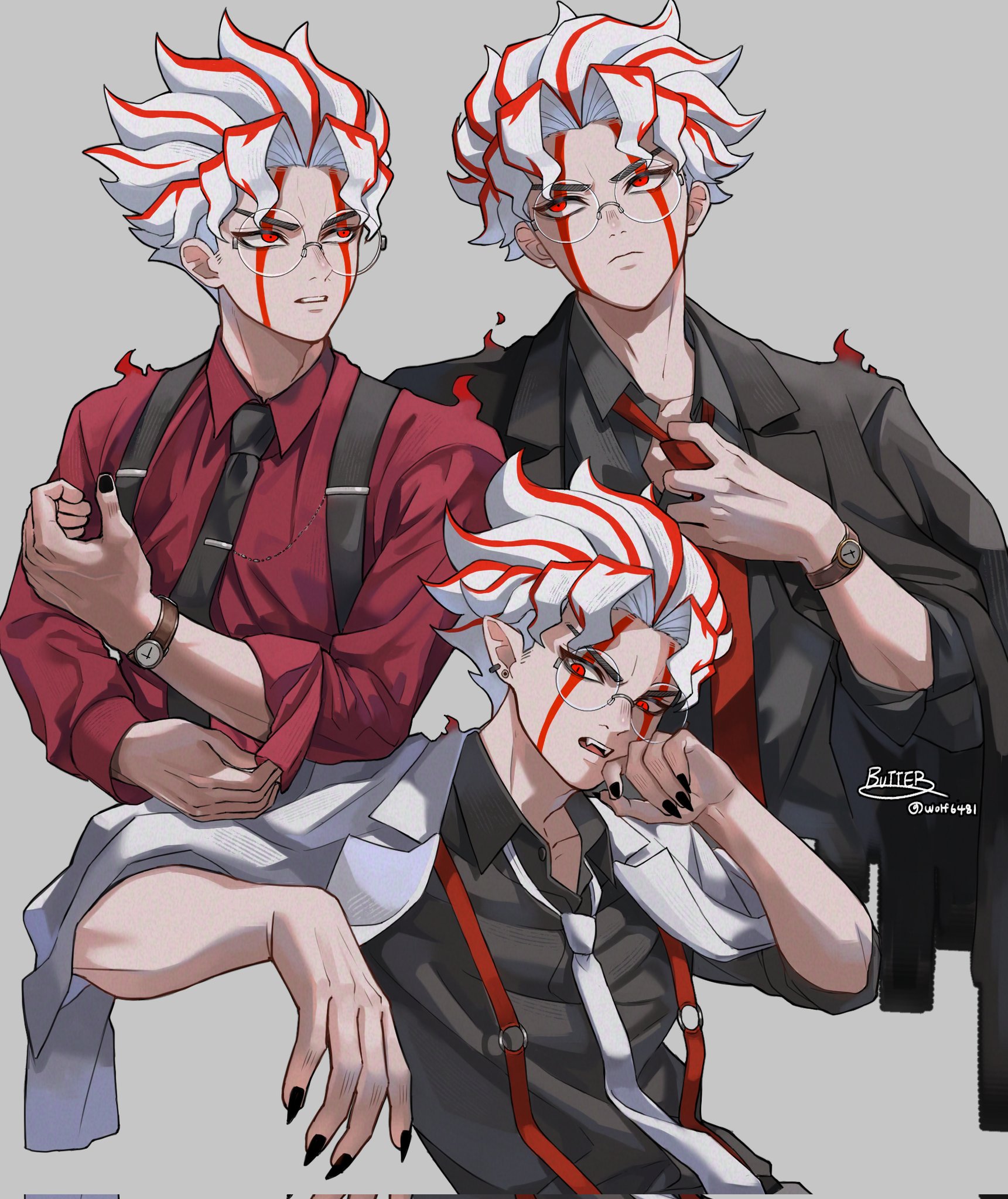 wolf6481, takakura ken (dandadan), takakura ken (transformed) (dandadan), dandadan, commentary, highres, symbol-only commentary, 1boy, alternate costume, black jacket, black nails, black necktie, black shirt, closed mouth, collared shirt, facial mark, fangs, glasses, grey background, jacket, jacket on shoulders, male focus, multicolored hair, multiple views, necktie, parted lips, red eyes, red hair, red necktie, red shirt, round eyewear, shirt, short hair, signature, suit jacket, suspenders, transformation, twitter username, two-tone hair, upper body, watch, white hair, wristwatch