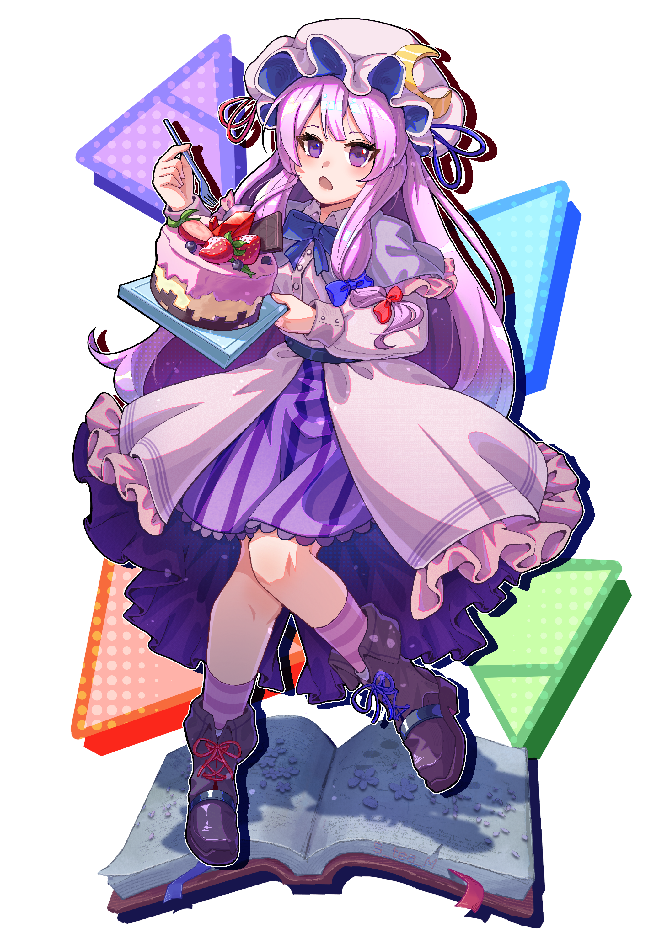 s-tea-m, patchouli knowledge, touhou, absurdres, commentary request, highres, 1girl, blue bow, blue bowtie, blue ribbon, blush, book, boots, bow, bowtie, brown boots, cake, candy, capelet, chocolate, chocolate bar, crescent, crescent hat ornament, food, fork, frilled skirt, frills, fruit, full body, hair bow, hat, hat ornament, holding, holding fork, holding tray, long hair, long sleeves, mob cap, open book, open mouth, pink petals, purple capelet, purple eyes, purple hair, purple hat, purple shirt, purple skirt, purple socks, red bow, red ribbon, ribbon, shirt, sidelocks, skirt, socks, solo, strawberry, strawberry cake, striped clothes, striped skirt, striped socks, transparent background, tray, triangle