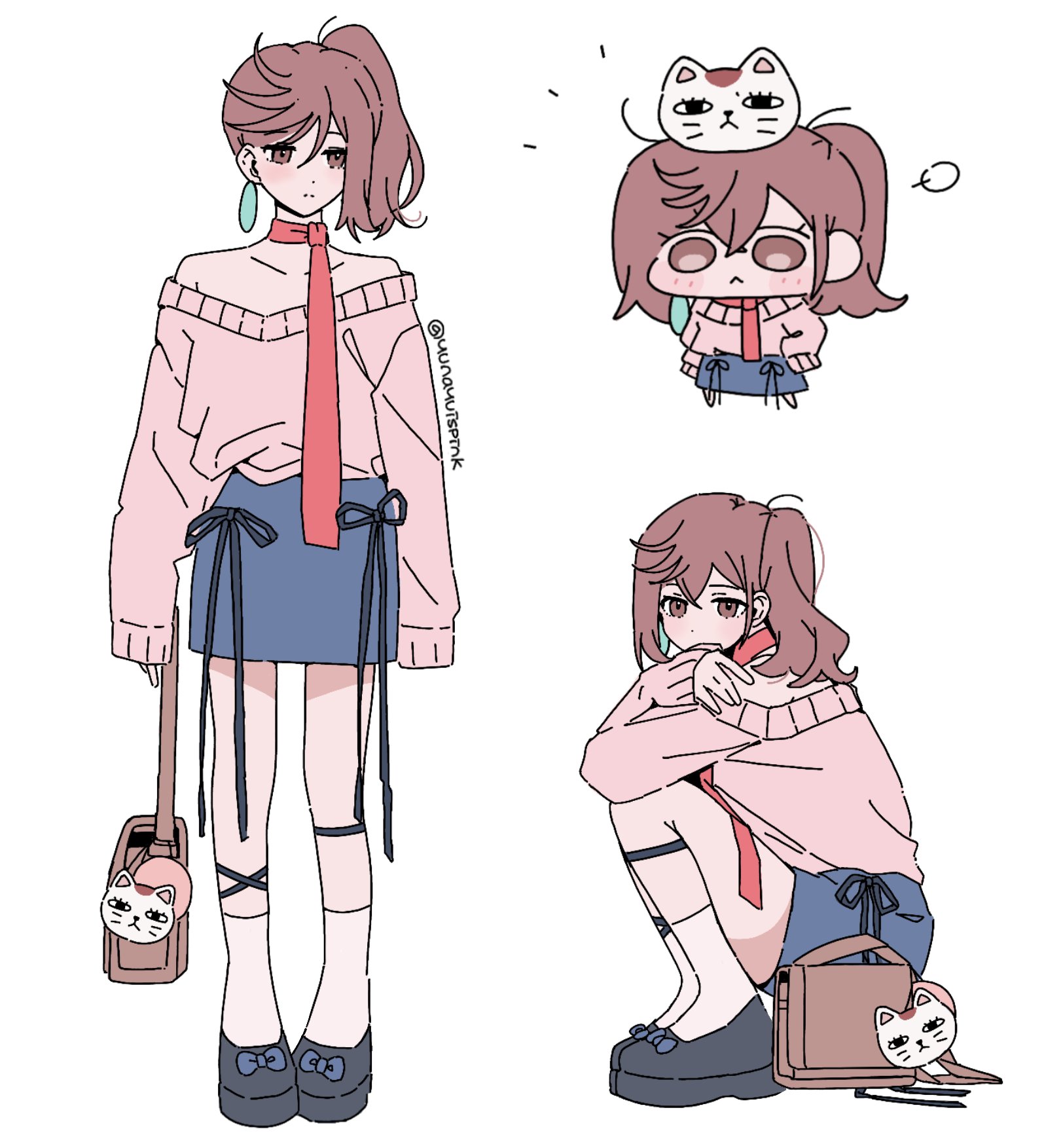 yunayuispink, ayase momo, turbo granny (dandadan), dandadan, highres, 1girl, alternate costume, bare shoulders, black ribbon, black shoes, blue skirt, blush, brown bag, brown eyes, brown hair, chibi, chibi inset, closed mouth, collarbone, earrings, from side, full body, hair between eyes, jewelry, leg ribbon, long sleeves, looking to the side, medium hair, miniskirt, multiple views, necktie, notice lines, off-shoulder sweater, off shoulder, pink sweater, red necktie, red scarf, ribbon, scarf, shoes, single sidelock, sitting, skirt, sleeves past fingers, sleeves past wrists, socks, standing, straight-on, sweater, twitter username, white background, white socks