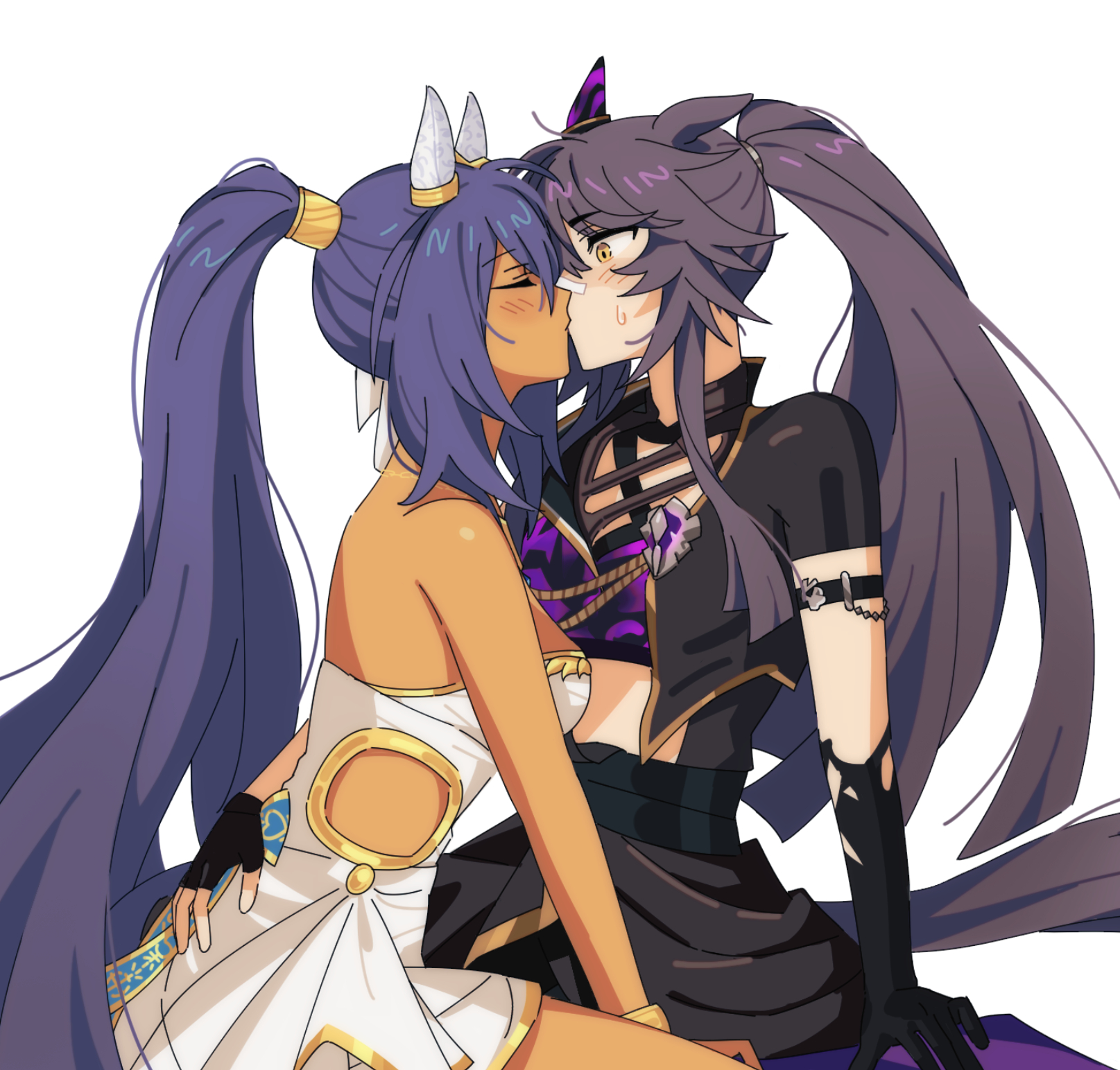 hishi amazon (hungry veil) (umamusume), hishi amazon (umamusume), narita brian (hungry wolves) (umamusume), narita brian (umamusume), umamusume, highres, korean commentary, 2girls, animal ears, arm behind back, arm strap, asymmetrical gloves, bandaid, bandaid on face, bandaid on nose, black gloves, black hair, black jacket, blue hair, blush, closed eyes, crop top, dark skin, dress, fingerless gloves, gloves, horse ears, horse girl, horse tail, hwipa (param blue), jacket, kiss, long hair, mismatched gloves, multiple girls, ponytail, small sweatdrop, tail, white dress, yellow eyes, yuri