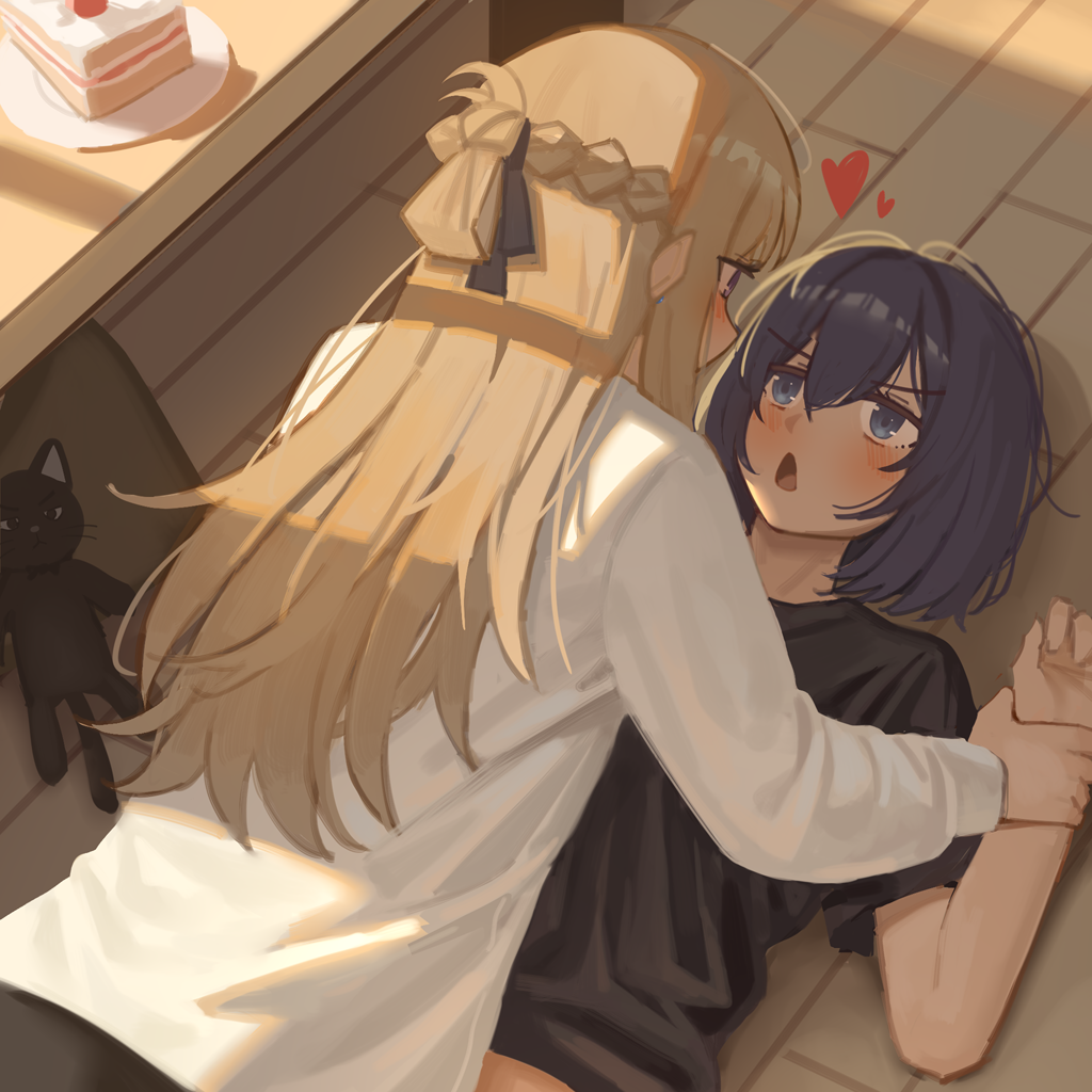 milktea (gggrrr2000), miyagi shiori, sendai hazuki, shuuniichido classmate wo kau hanashi, commentary request, 2girls, black shirt, blue eyes, blue hair, braid, brown hair, cat, earrings, half up braid, heart, jewelry, long hair, long sleeves, multiple girls, purple eyes, shirt, short hair, white shirt, yukadon, yuri