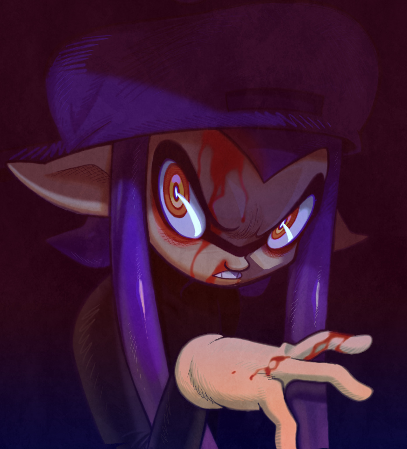 roachgore, nintendo, original, splatoon (series), splatoon 3, highres, 1boy, angry, blood, blood on face, deformed, gokiro, hat, inkling, male focus, pointy ears, round nose, solo, teeth, tentacle hair