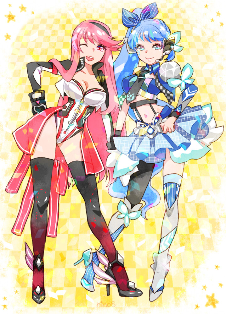 hino (8), s-head sensei, sensei (blue archive), miracle nikki, nikki (series), commentary request, 2girls, argyle clothes, argyle skirt, armor, asymmetrical legwear, asymmetrical sleeves, belt, black belt, black gloves, black hairband, black jacket, black necktie, black pantyhose, black shoes, black thighhighs, blue bow, blue collar, blue eyes, blue fantasy (miracle nikki), blue hair, blue shirt, blue skirt, blue sleeves, blue theme, border, bow, breasts, butterfly hair ornament, checkered background, chest belt, cleavage, closed mouth, collar, collared jacket, detached collar, dot nose, eyelashes, feather-trimmed skirt, full body, gloves, gradient thighhighs, grey belt, grey ribbon, grey shirt, grey shoes, grey sleeves, hair bow, hair ornament, hair ribbon, hairband, hand on own hip, happy, high-waist skirt, high collar, high heels, high side ponytail, jacket, large breasts, leotard, long hair, long sidelocks, long sleeves, midriff, miniskirt, mismatched legwear, mismatched sleeves, multicolored hair, multicolored jacket, multiple girls, navel, necktie, one eye closed, open clothes, open jacket, open mouth, pantyhose, pauldrons, pink eyes, pink hair, pink skirt, pleated skirt, puffy short sleeves, puffy sleeves, red thighhighs, ribbed skirt, ribbon, round border, shirt, shoes, short sleeves, shoulder armor, showgirl skirt, sidelocks, single leg pantyhose, single pauldron, single stripe, single thighhigh, skirt, small breasts, smile, standing, star (symbol), stiletto heels, straight hair, strapless, strapless leotard, strapless shirt, streaked hair, striped bow, striped clothes, striped collar, striped thighhighs, swept bangs, teeth, thighhighs, tie clip, track blazer (miracle nikki), two-tone jacket, two-tone shirt, two-tone sleeves, two-tone thighhighs, upper teeth only, vertical-striped clothes, vertical-striped thighhighs, very long hair, wavy hair, white border, white jacket, white leotard, winged shoes, wings, yellow background