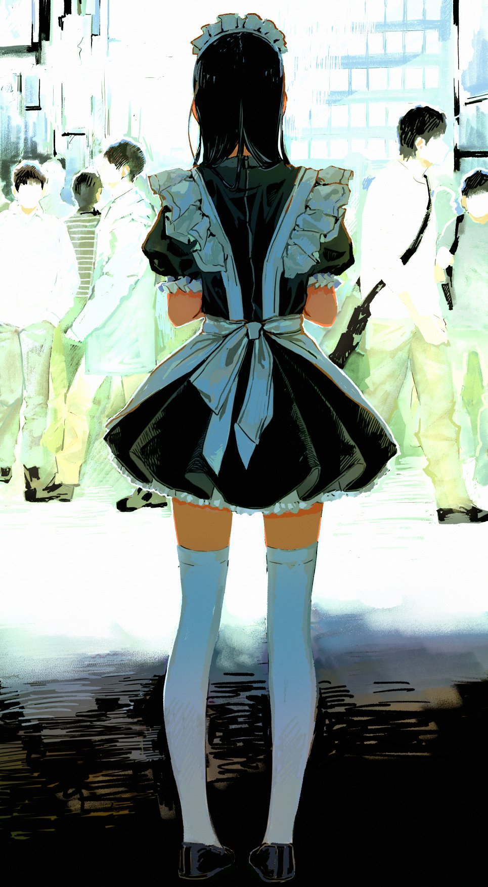 original, highres, 1girl, apron, black hair, dress, frills, from behind, full body, long hair, maid, maid apron, maid headdress, mochikimana, multiple boys, shoes, standing, thighhighs, zettai ryouiki