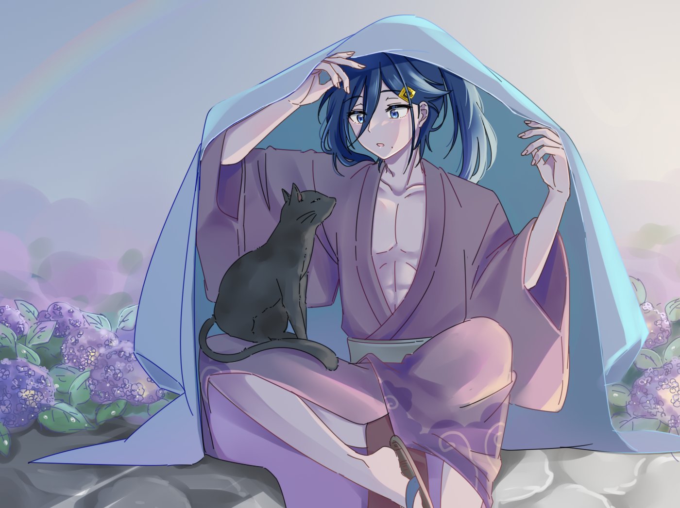cecilus segmunt, re:zero kara hajimeru isekai seikatsu, 1boy, abs, ahoge, bare shoulders, black cat, blue eyes, blue hair, cat, crossed legs, flower, hair between eyes, hair ornament, hand on own head, hydrangea, japanese clothes, katana, kimono, long hair, looking at animal, mole, mole under mouth, nature, open clothes, open mouth, oshi suko1, outdoors, ponytail, rainbow, robe, sash, simple background, sitting, solo, stone floor, surprised, sword, topless male, upper body, weapon, yukata
