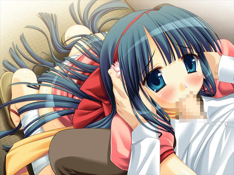 game cg, 1boy, 1girl, ass, blue eyes, blue hair, blush, censored, fellatio, hairband, hetero, long hair, oral, panties, penis, sandals, sweat, underwear, very long hair, white panties