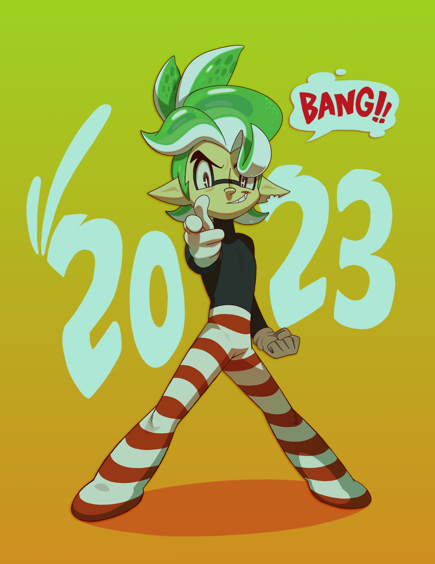 roachgore, vonnie aurita, nintendo, original, splatoon (series), splatoon 3, highres, 1960s (style), 1boy, 2023, deformed, faux retro artstyle, full body, gloves, green hair, grin, inkling, male focus, notched ear, oldschool, pointy ears, retro artstyle, round nose, smile, solo, tentacle hair, thick eyebrows, toon (style)