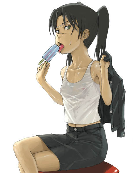 yoneda taishou, amasawa yuuko, dennou coil, 00s, 1girl, breasts, brown hair, covered erect nipples, female focus, food, glasses, loli, nipples, popsicle, see-through clothes, skirt, small breasts, solo, sweat, tank top, twintails, wet