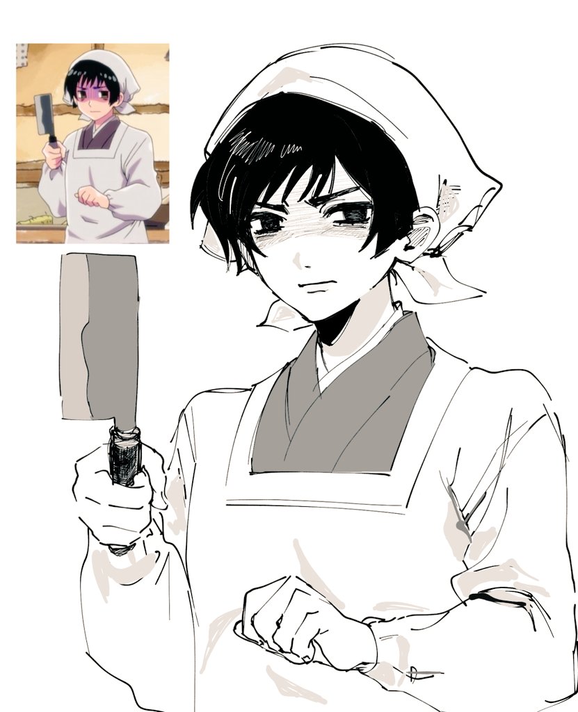japan (hetalia), axis powers hetalia, derivative work, screenshot redraw, 1boy, apron, chom e77, clenched hand, closed mouth, empty eyes, greyscale, hands up, headscarf, holding, holding knife, japanese clothes, kappougi, kimono, kitchen knife, knife, long sleeves, male focus, monochrome, puffy long sleeves, puffy sleeves, short hair, simple background, solo, upper body, v-shaped eyebrows