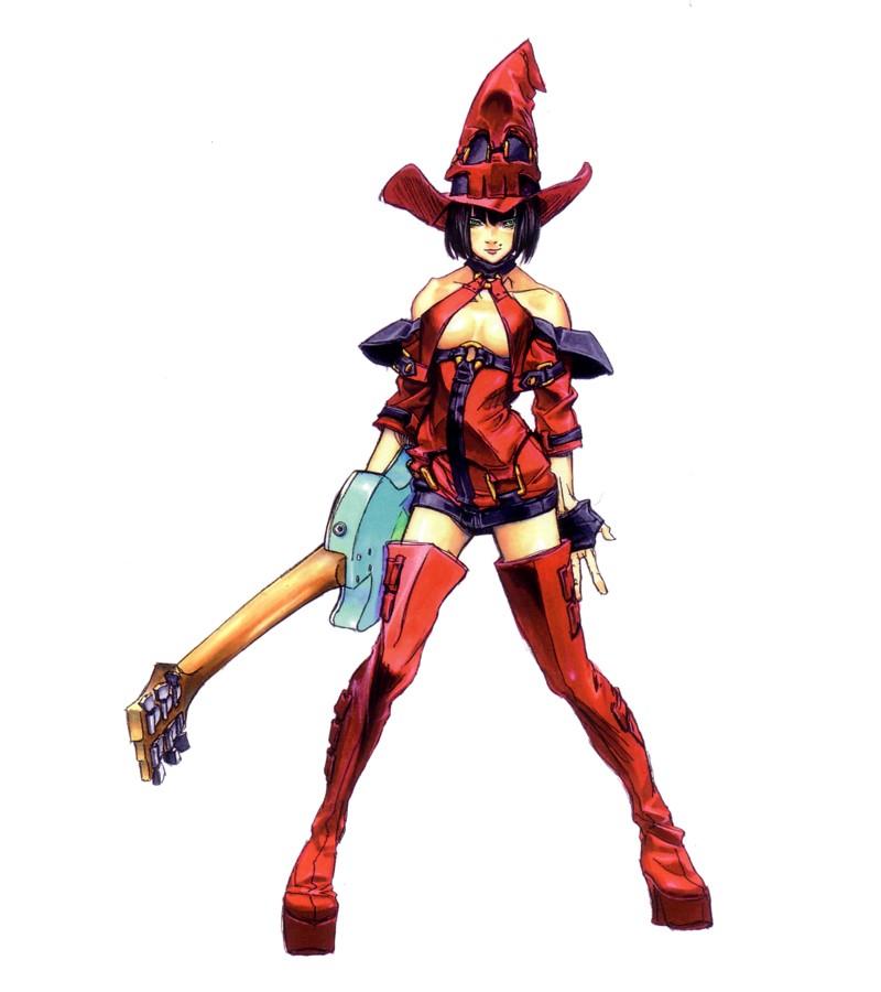 ishiwatari daisuke, i-no, arc system works, guilty gear, guilty gear xx, platform footwear, official art, 1girl, bare shoulders, black gloves, black hair, blunt bangs, boots, breasts, collarbone, electric guitar, female focus, fingerless gloves, gloves, guitar, hat, holding, holding guitar, holding instrument, instrument, jacket, legs apart, mole, mole above mouth, o-ring, o-ring top, platform boots, short hair, smirk, solo, standing, thigh boots, underboob, white background, witch hat