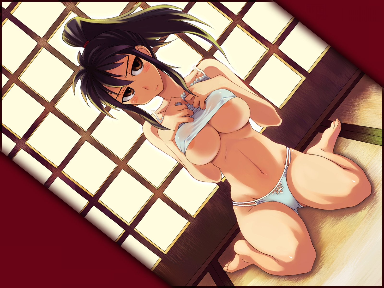 kusanagi tonbo, windy wing, original, duplicate, highres, 1girl, areola slip, barefoot, breast suppress, breasts, brown eyes, camisole, cleavage, clothes lift, dutch angle, female focus, high ponytail, indoors, kneeling, large breasts, looking at viewer, nipple slip, nipples, panties, pantyshot, ponytail, purple hair, shirt lift, shouji, sitting, skindentation, skinny, slender, sliding doors, solo, tatami, underboob, underwear, underwear only, wariza