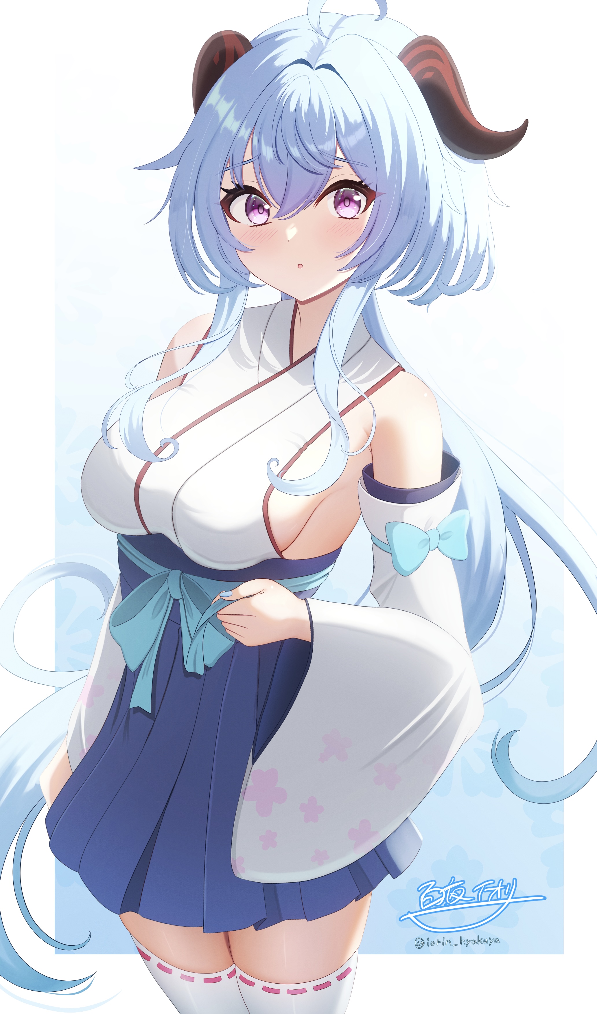 hyakuya iori, ganyu (genshin impact), genshin impact, absurdres, commentary request, highres, 1girl, alternate costume, bare shoulders, blue bow, blue hair, blue skirt, blush, bow, breasts, detached sleeves, goat horns, hair between eyes, high-waist skirt, horns, japanese clothes, kimono, long hair, long sleeves, looking at viewer, purple eyes, sideboob, signature, skirt, sleeveless, sleeveless kimono, solo, thighhighs, twitter username, very long hair, white kimono, white sleeves, white thighhighs