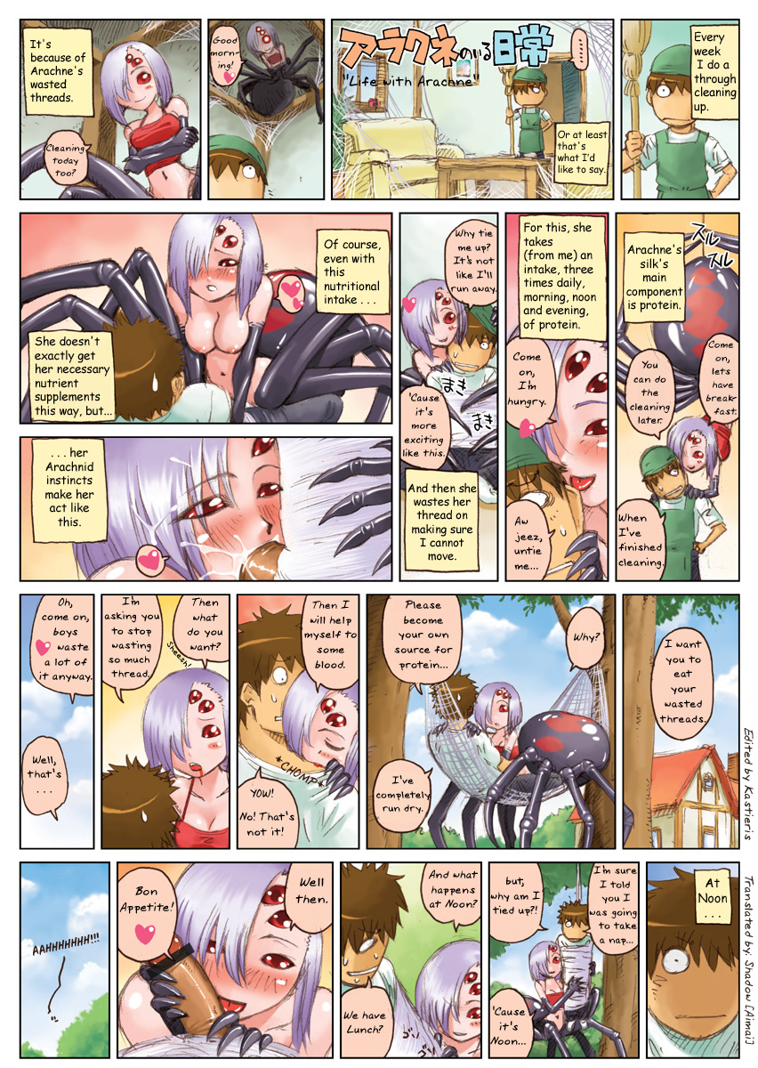 okayado, rachnera arachnera, monster musume no iru nichijou, highres, translated, 1boy, 1girl, arachne, arthropod girl, bar censor, blood, breasts, bug, censored, comic, cum, cum in mouth, fellatio, gokkun, hetero, insect girl, interspecies, monster girl, nipples, oral, penis, sex, spider, spider girl, taur