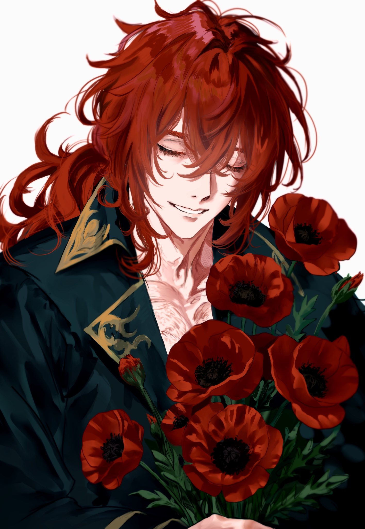 diluc (genshin impact), genshin impact, commentary, english commentary, highres, 1boy, adam's apple, closed eyes, closed mouth, collarbone, flower, hair between eyes, long hair, male focus, pectoral cleavage, pectorals, red hair, saraarten, simple background, smile, solo