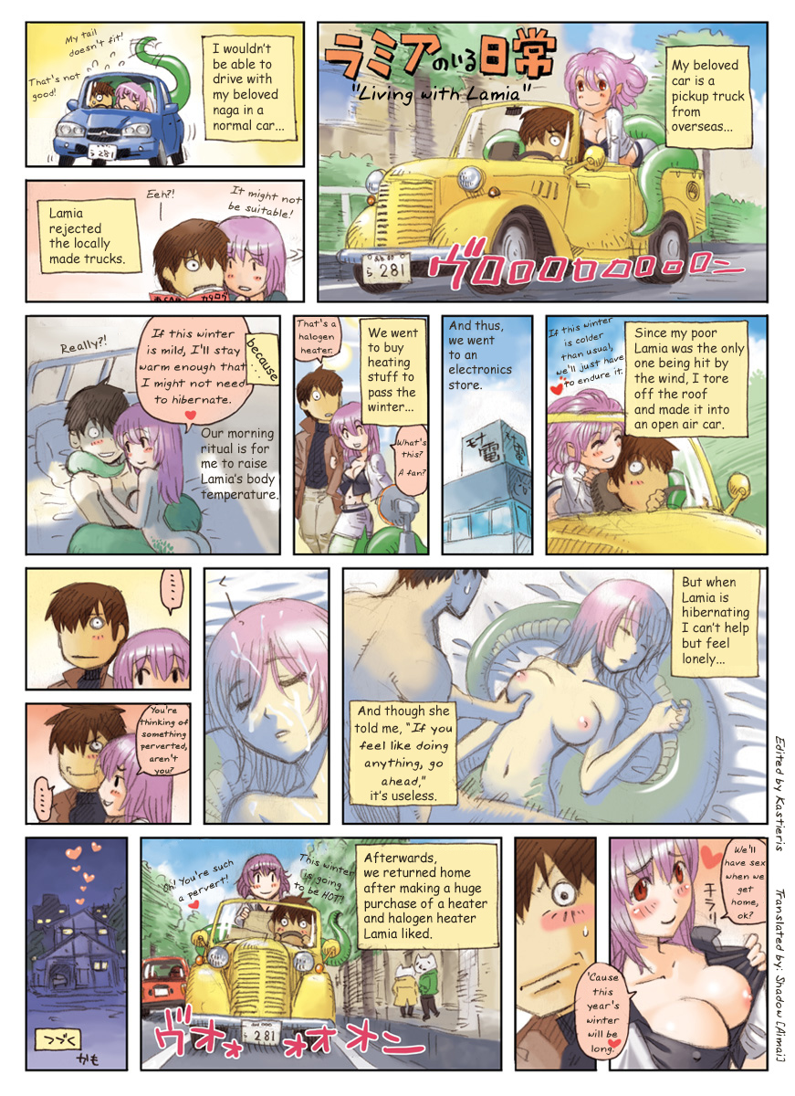 okayado, mona (2ch), monster musume no iru nichijou, hard-translated, highres, third-party edit, translated, 1boy, 1girl, blush, breasts, breasts apart, brown hair, clothes pull, comic, cum, cum on body, english text, facial, hetero, lamia, medium breasts, monster, monster girl, motor vehicle, nipples, no bra, nude, purple hair, red eyes, scales, sex, shirt pull, snake, text focus, topless female, truck, vaginal