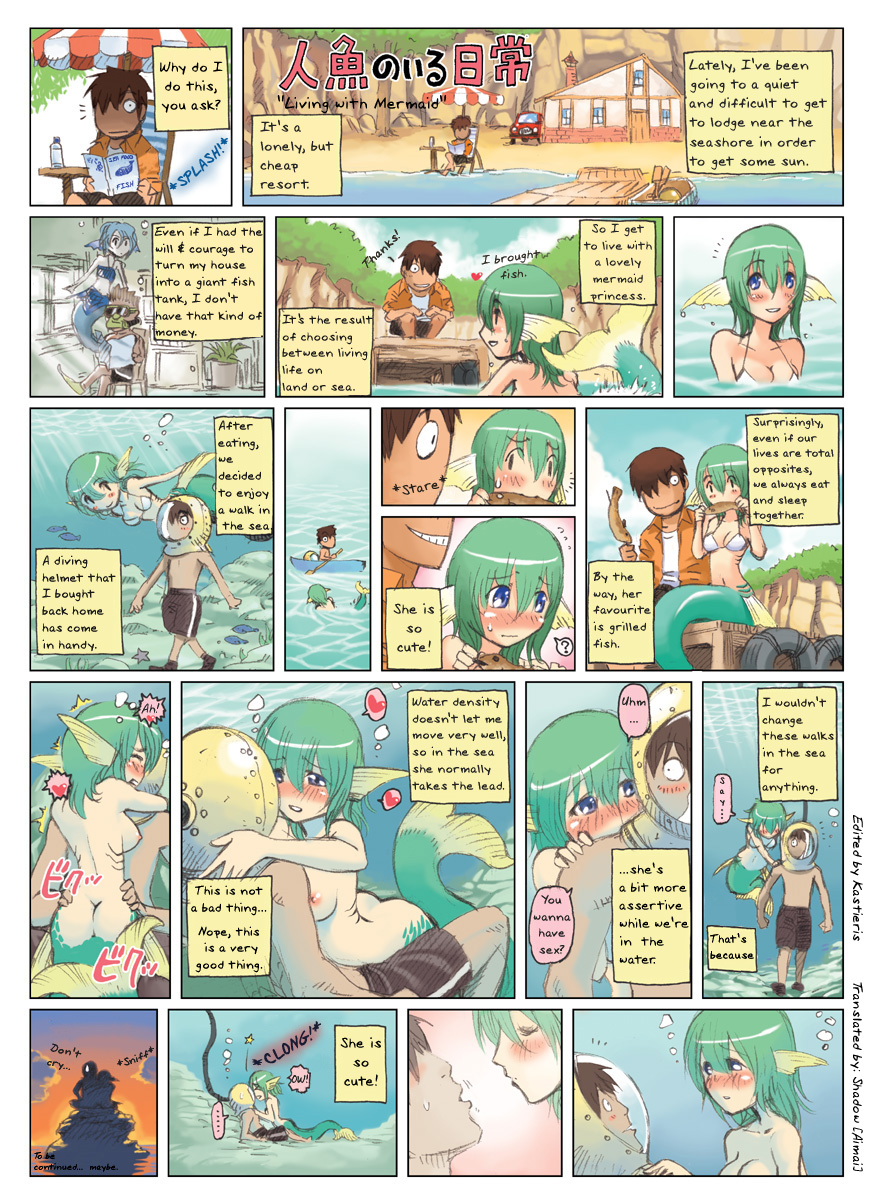 okayado, monster musume no iru nichijou, hard-translated, highres, poorly translated, third-party edit, translated, 1boy, 1girl, ass, bikini, blue eyes, blush, breasts, comic, embarrassed, fins, green hair, head fins, hetero, large breasts, mermaid, monster, monster girl, ocean, sequential, sex, smile, sunset, swimsuit, text focus, topless female, underwater, vaginal