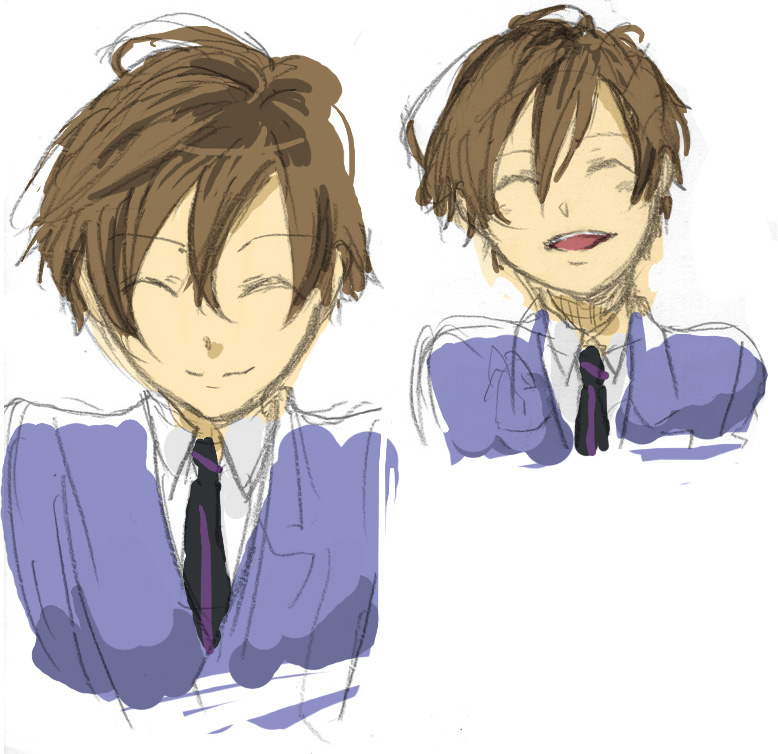 fujioka haruhi, ouran high school host club, 00s, brown hair, closed eyes, formal clothes, necktie, school uniform, serafuku, short hair, sketch, smile, suit