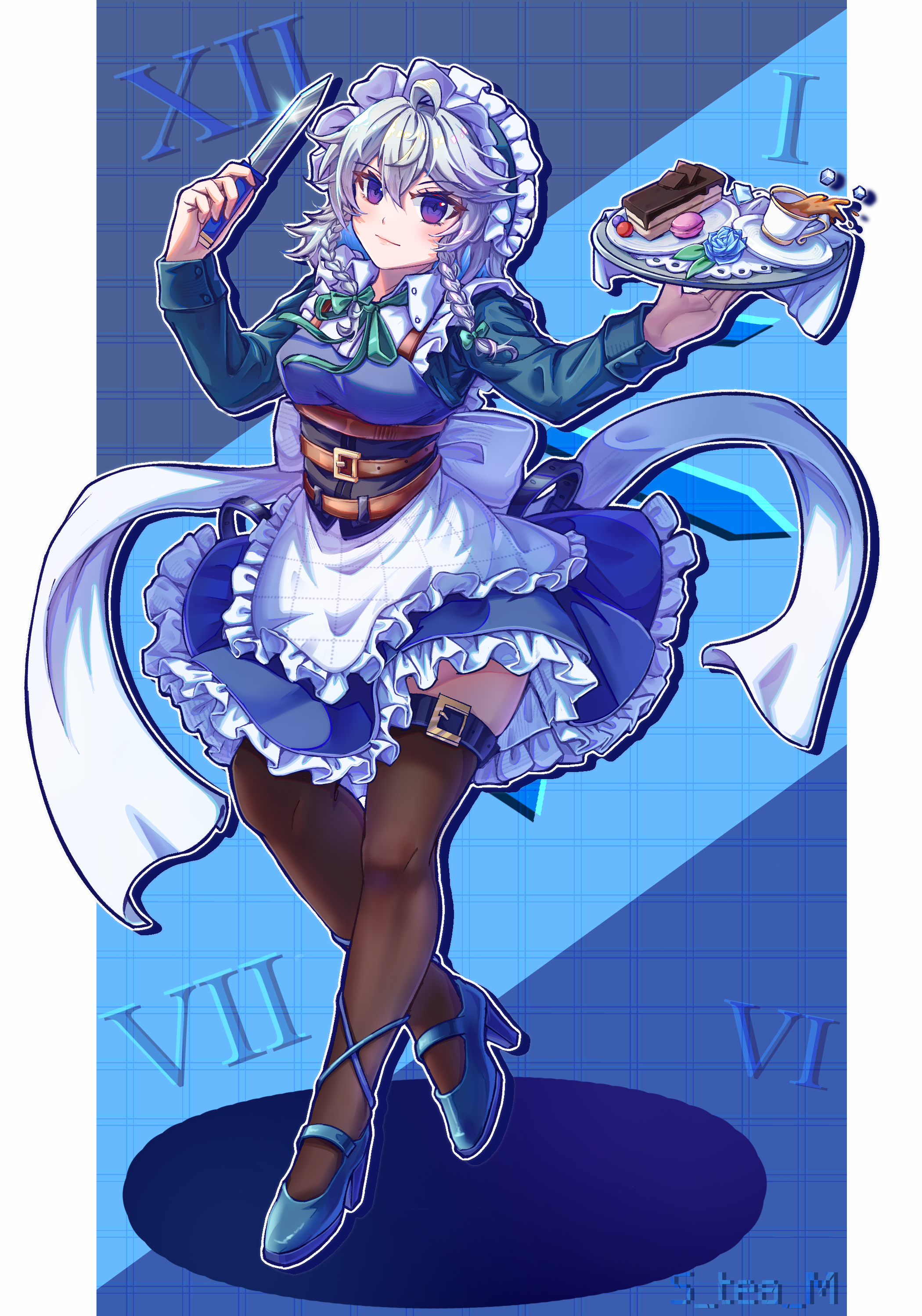 s-tea-m, izayoi sakuya, touhou, absurdres, commentary request, highres, 1girl, apron, aqua shirt, back bow, belt, black leggings, blue background, blue flower, blue shoes, blue skirt, blush, bow, braid, brown belt, cake, closed mouth, cup, flower, food, frilled skirt, frills, full body, green bow, green ribbon, grey hair, hands up, high heels, holding, holding knife, holding tray, knife, leggings, light smile, long hair, long sleeves, macaron, maid apron, maid headdress, pillarboxed, purple eyes, ribbon, roman numeral, saucer, shirt, shoes, skirt, solo, sugar cube, tea, teacup, thigh strap, tray, twin braids, white bow