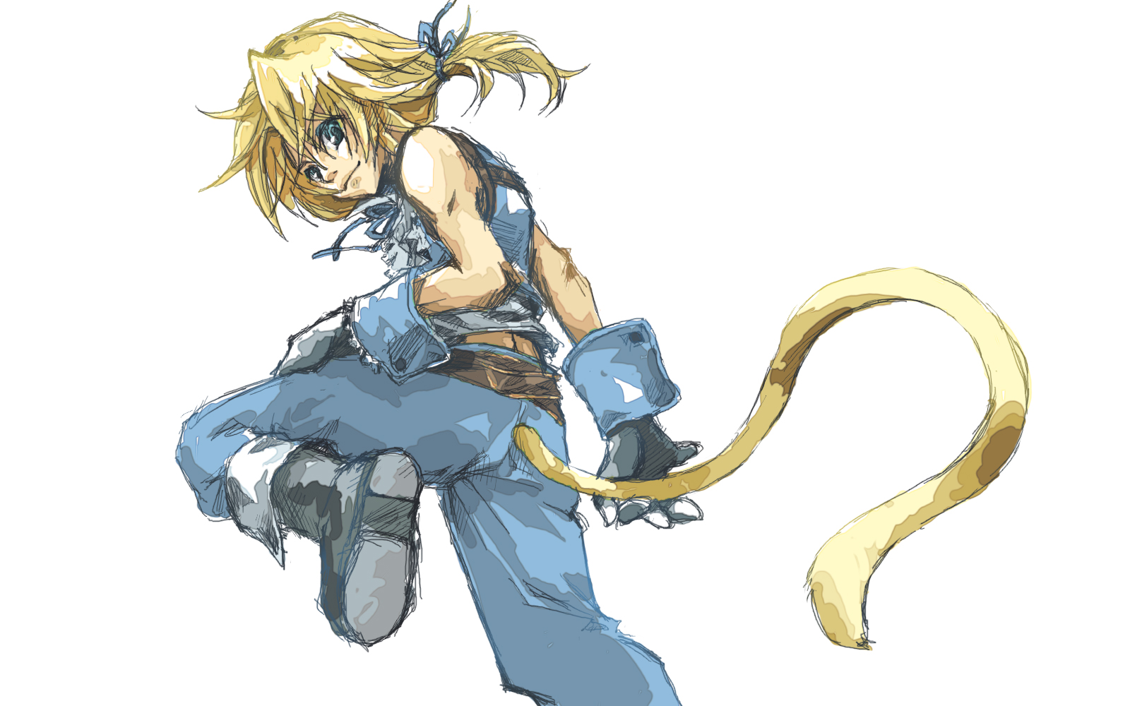 toneko, zidane tribal, final fantasy, final fantasy ix, commentary request, highres, 1boy, belt, blonde hair, blue eyes, blue pants, blue shirt, blue vest, closed mouth, curtained hair, gloves, hair ornament, looking back, male focus, monkey tail, pants, ponytail, shirt, simple background, sleeveless, sleeveless shirt, smile, solo, standing, standing on one leg, tail, vest, white background