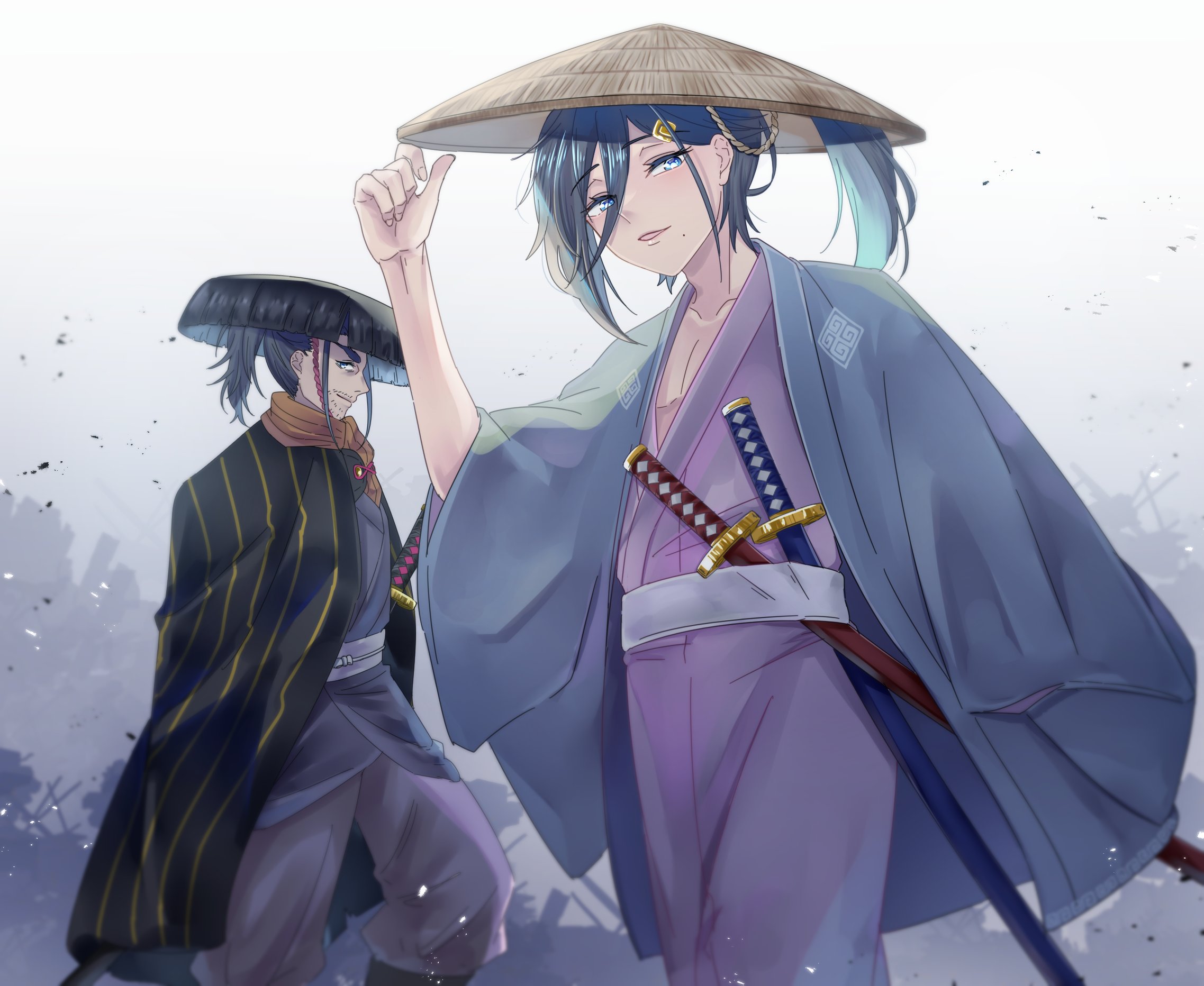 aldebaran (re:zero), cecilus segmunt, re:zero kara hajimeru isekai seikatsu, highres, 2boys, ahoge, blue eyes, blue hair, cape, cloud, cloudy sky, debris, dual wielding, everyone, facial hair, grey hair, hair between eyes, hair ornament, hand on headwear, hat, holding, japanese clothes, katana, kimono, layered clothes, long hair, mole, mole under mouth, multiple boys, open clothes, oshi suko1, outdoors, ponytail, samurai, sash, scarf, simple background, sky, straw hat, striped clothes, stubble, sword, weapon, white background, yellow eyes, yukata