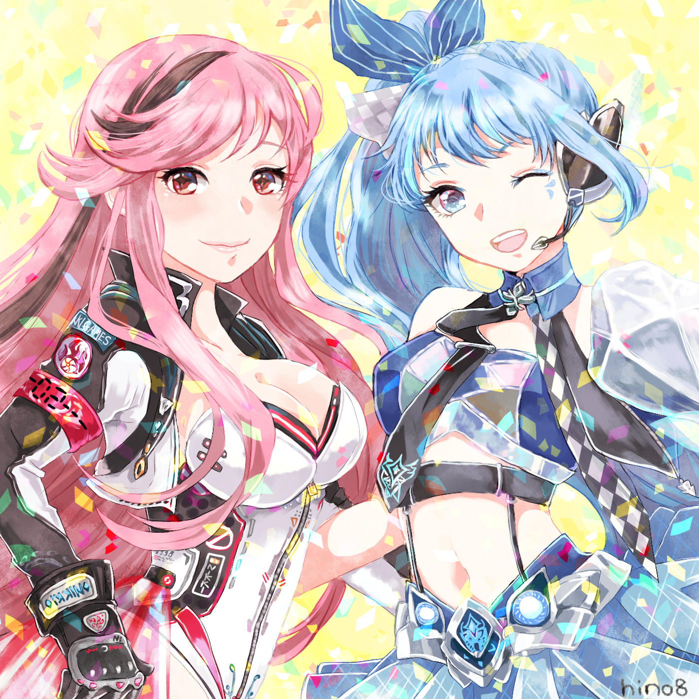 hino (8), miracle nikki, nikki (series), commentary request, highres, 2girls, :d, ;d, argyle clothes, argyle skirt, armband, armor, belt, black belt, black gloves, black jacket, black necktie, blue bow, blue collar, blue eyeliner, blue eyes, blue fantasy (miracle nikki), blue hair, blue shirt, blue skirt, blue sleeves, bow, breasts, brown eyes, checkered ribbon, chest belt, cleavage, closed mouth, collar, collared jacket, confetti, cowboy shot, crop top, detached collar, detached sleeves, eyelashes, eyeliner, facepaint, gloves, hair bow, hair ribbon, hairband, happy, headset, high collar, high side ponytail, jacket, large breasts, leotard, lipstick, long hair, long sidelocks, long sleeves, looking at viewer, makeup, midriff, multicolored hair, multicolored jacket, multiple girls, navel, necktie, one eye closed, open clothes, open jacket, open mouth, pauldrons, pink armband, pink hair, pink lips, pink skirt, pleated skirt, ponytail, puffy short sleeves, puffy sleeves, red eyes, ribbon, shirt, short sleeves, shoulder armor, showgirl skirt, sidelocks, signature, single pauldron, single stripe, skirt, small breasts, smile, standing, strapless, strapless leotard, strapless shirt, streaked hair, striped bow, striped collar, suspender skirt, suspenders, teeth, track blazer (miracle nikki), two-tone jacket, two-tone shirt, two-tone sleeves, upper body, upper teeth only, very long hair, white jacket, white leotard, white ribbon, white shirt, white sleeves, yellow background