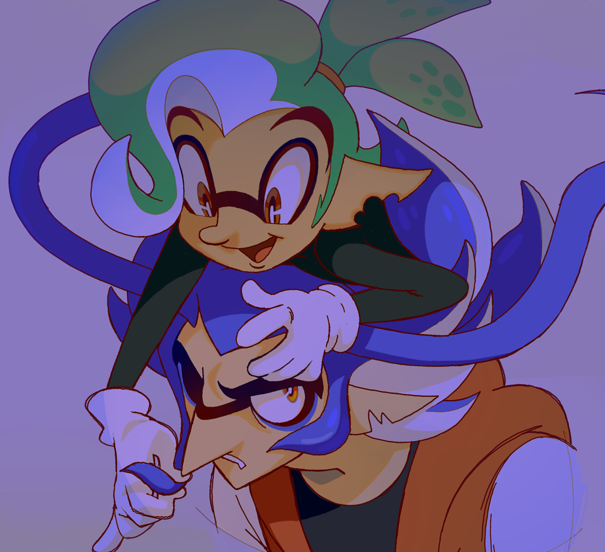 roachgore, vonnie aurita, nintendo, original, splatoon (series), splatoon 3, 1960s (style), deformed, faux retro artstyle, gloves, green hair, inkling, lukas verallina, male focus, notched ear, oldschool, open mouth, pointy ears, pointy nose, retro artstyle, round nose, shirt, smile, tentacle hair, thick eyebrows, toon (style), upper body