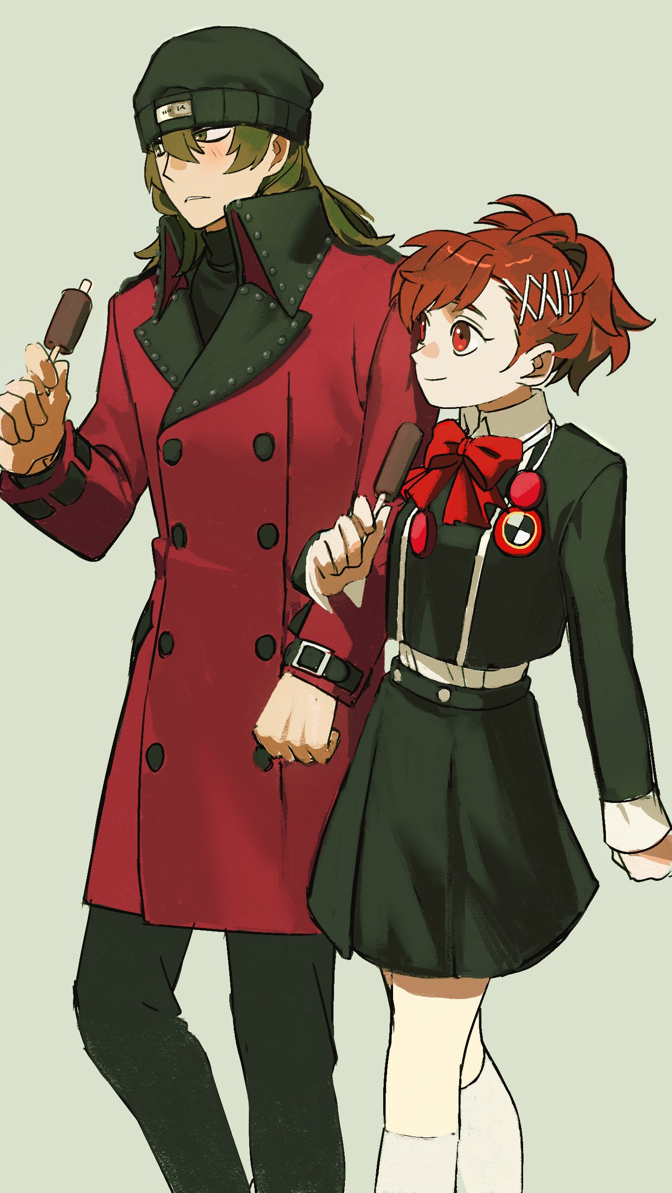 chamsichi, aragaki shinjirou, shiomi kotone, persona, persona 3, persona 3 portable, absurdres, highres, 1boy, 1girl, averting eyes, beanie, black hat, black jacket, black pants, black shirt, black skirt, blush, bow, brown eyes, brown hair, buttons, closed mouth, coat, cropped jacket, double-breasted, food, gekkoukan high school uniform, grey background, hair between eyes, hair ornament, hairclip, hat, headphones, holding, holding food, holding popsicle, jacket, kneehighs, locked arms, looking at another, medium hair, pants, parted lips, popsicle, red bow, red eyes, school uniform, shirt, short hair, simple background, skirt, smile, socks, trench coat, turtleneck, turtleneck shirt, white shirt, white socks