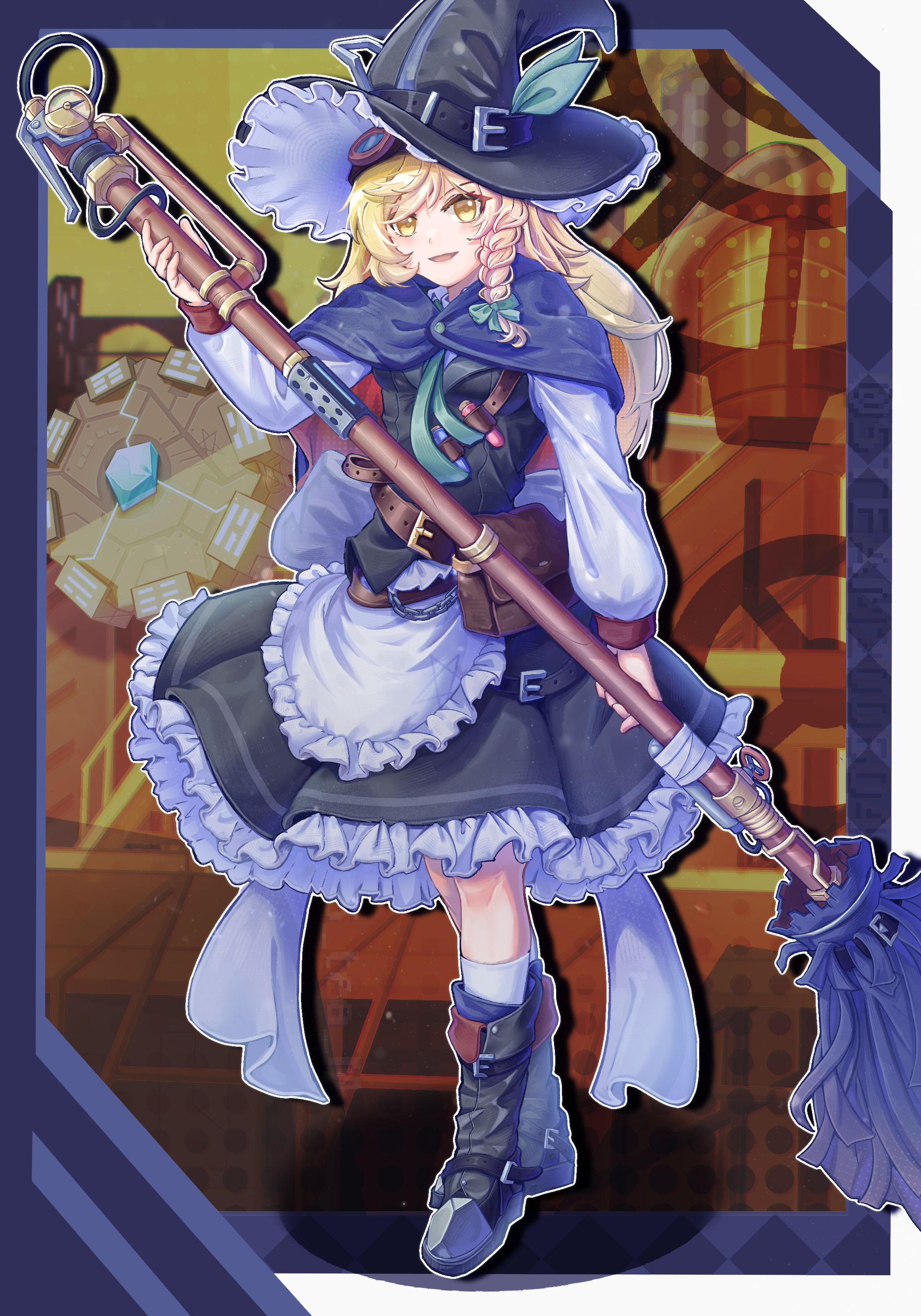 s-tea-m, kirisame marisa, touhou, absurdres, commentary request, highres, 1girl, apron, back bow, bag, bandolier, belt, black boots, black capelet, black skirt, black vest, blonde hair, boots, bow, braid, broom, brown belt, capelet, crystal, frilled skirt, frills, full body, gauge, gears, goggles, goggles on head, green bow, green ribbon, grey apron, grey bow, grey shirt, grey socks, hat, hat ribbon, holding, holding broom, industrial pipe, light blush, long hair, long sleeves, machinery, open mouth, orange background, potion, ribbon, satchel, shirt, single braid, skirt, smile, socks, solo, steampunk, steel-toe boots, valve, vest, witch hat, yellow eyes