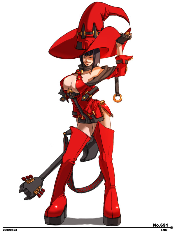 falcoon, i-no, arc system works, guilty gear, guilty gear xx, platform footwear, 1girl, arm up, bare shoulders, black hair, blunt bangs, bob cut, boots, breasts, breasts apart, buckle, character name, cleavage, cropped jacket, dated, dress, electric guitar, female focus, fingerless gloves, full body, gloves, guitar, hand on headwear, hat, high heel boots, high heels, holding, instrument, jacket, large breasts, lips, long sleeves, naughty face, no bra, o-ring, o-ring top, off shoulder, open clothes, open jacket, platform boots, red dress, red thighhighs, short dress, side slit, simple background, smile, solo, standing, thigh boots, thighhighs, unzipped, white background, witch hat, zettai ryouiki