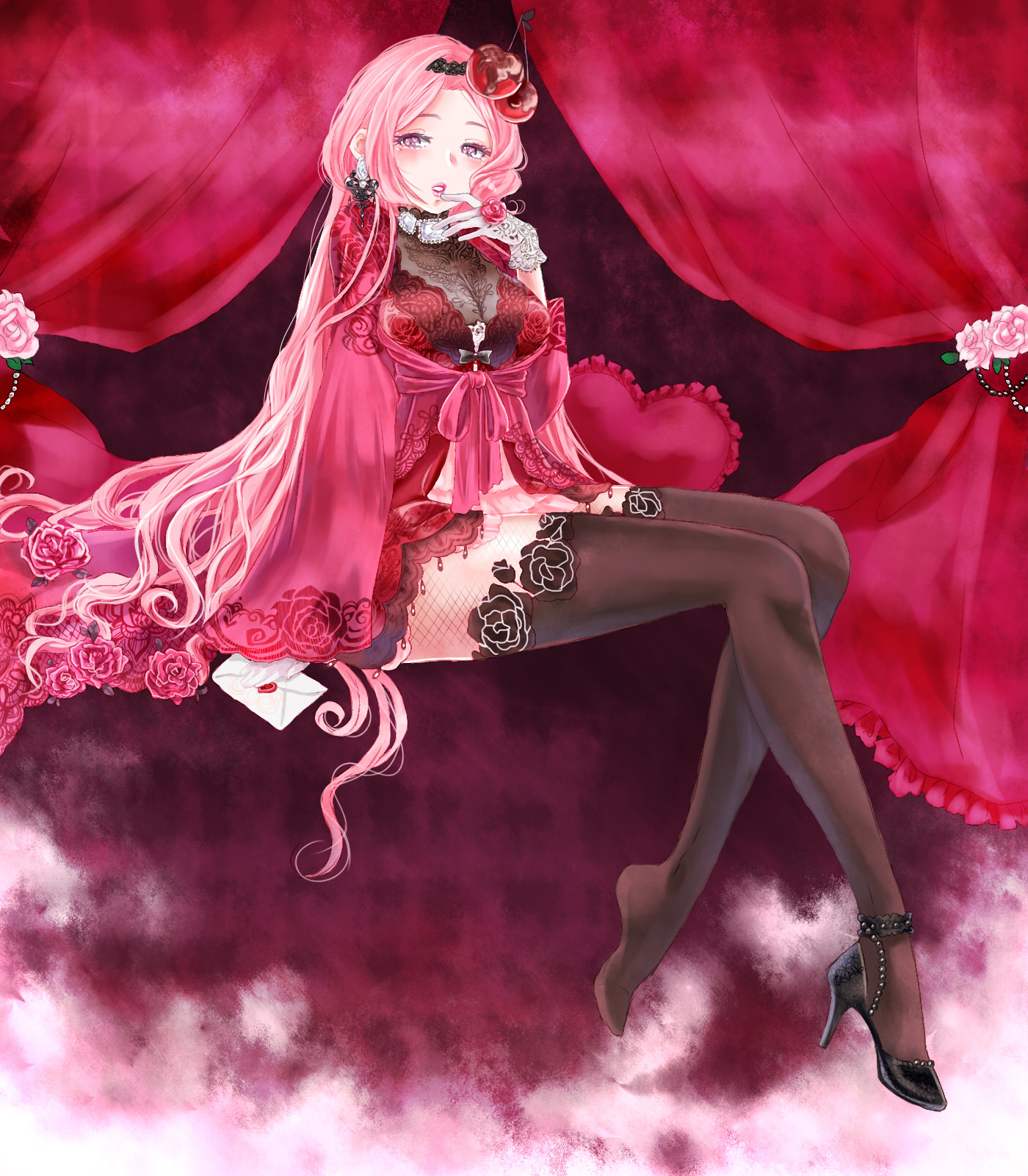 hino (8), miracle nikki, nikki (series), commentary request, highres, partial commentary, beads, black hairband, black pantyhose, black shirt, black shoes, black thighhighs, breasts, cherry hair ornament, curtains, envelope, expressionless, eyelashes, fishnet pantyhose, fishnets, floral print, food-themed hair ornament, hair ornament, hair spread out, hairband, hand on own chin, heart, heart-shaped pillow, high-waist skirt, high heels, holding, holding envelope, indoors, knees, lace hairband, lace shirt, large breasts, layered legwear, letter, lipstick, long hair, long sleeves, love letter, makeup, microskirt, on bed, pantyhose, parted lips, pillow, pink eyes, pink hair, pink lips, pink robe, pink skirt, robe, rose print, see-through clothes, see-through shirt, shirt, shoes, single shoe, sitting, skirt, sleeves past fingers, sleeves past wrists, stiletto heels, sweet spell (miracle nikki), teeth, thighhighs, turtleneck, turtleneck shirt, very long hair, wavy hair, wide sleeves