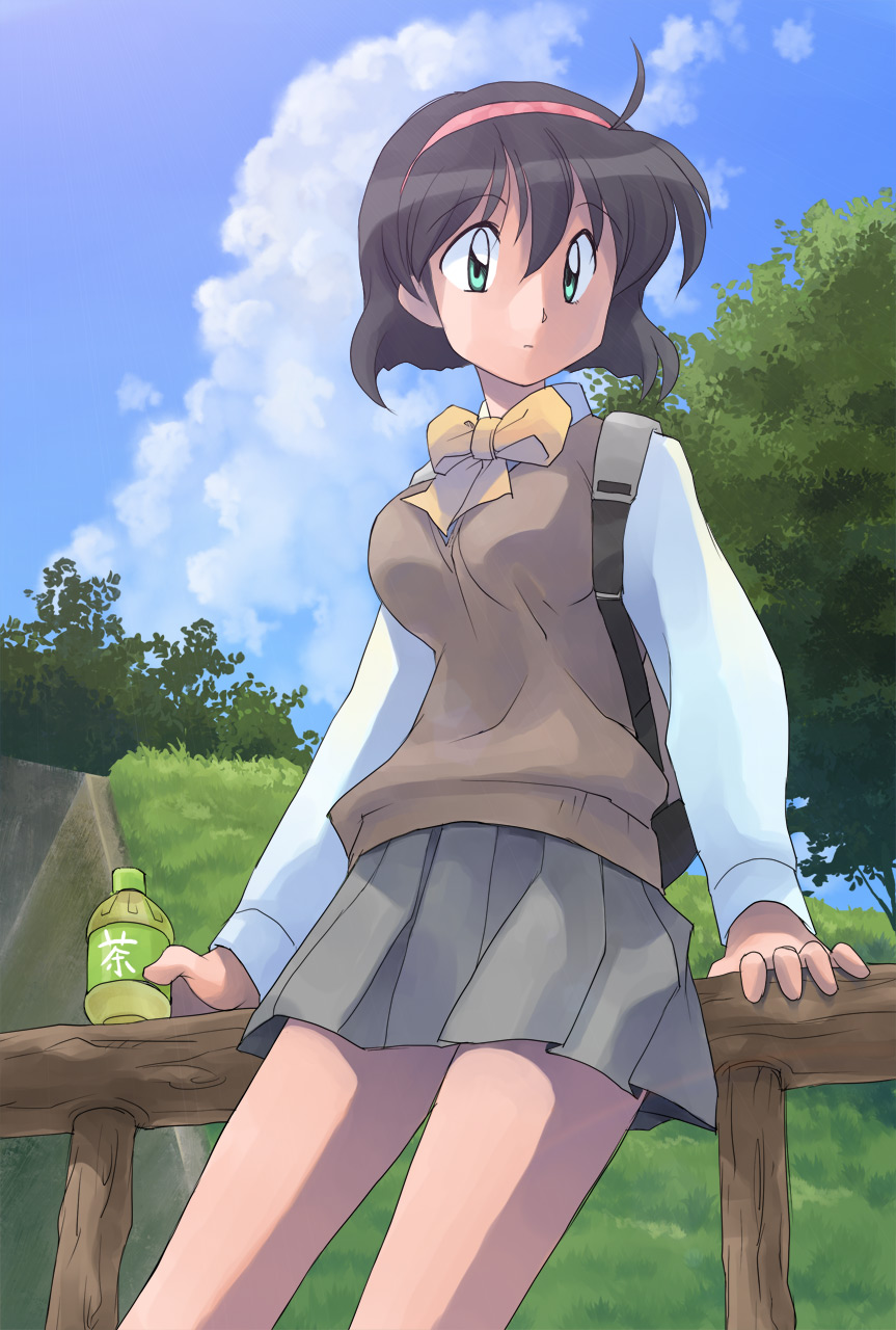 masuki, original, highres, 1girl, bag, black hair, bottle, bow, cloud, day, green eyes, hairband, outdoors, pleated skirt, school uniform, short hair, skirt, sky, solo, sweater vest, tree