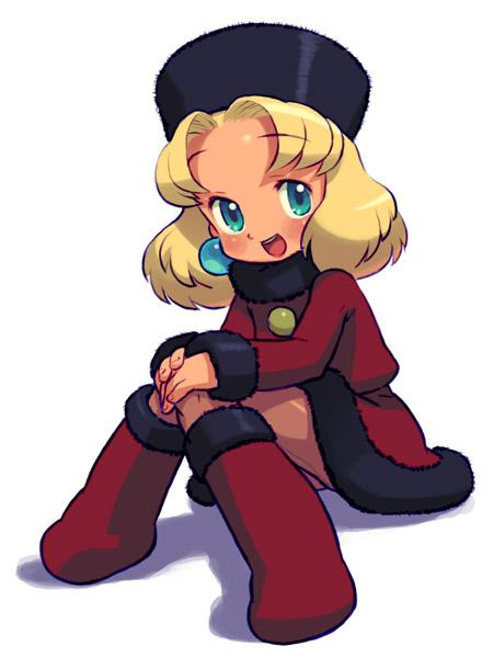 kalinka cossack (mega man), mega man (classic), mega man (series), mega man 4, artist request, 1girl, ass, blonde hair, earrings, female focus, fur hat, green eyes, hat, jewelry, simple background, sitting, solo, white background