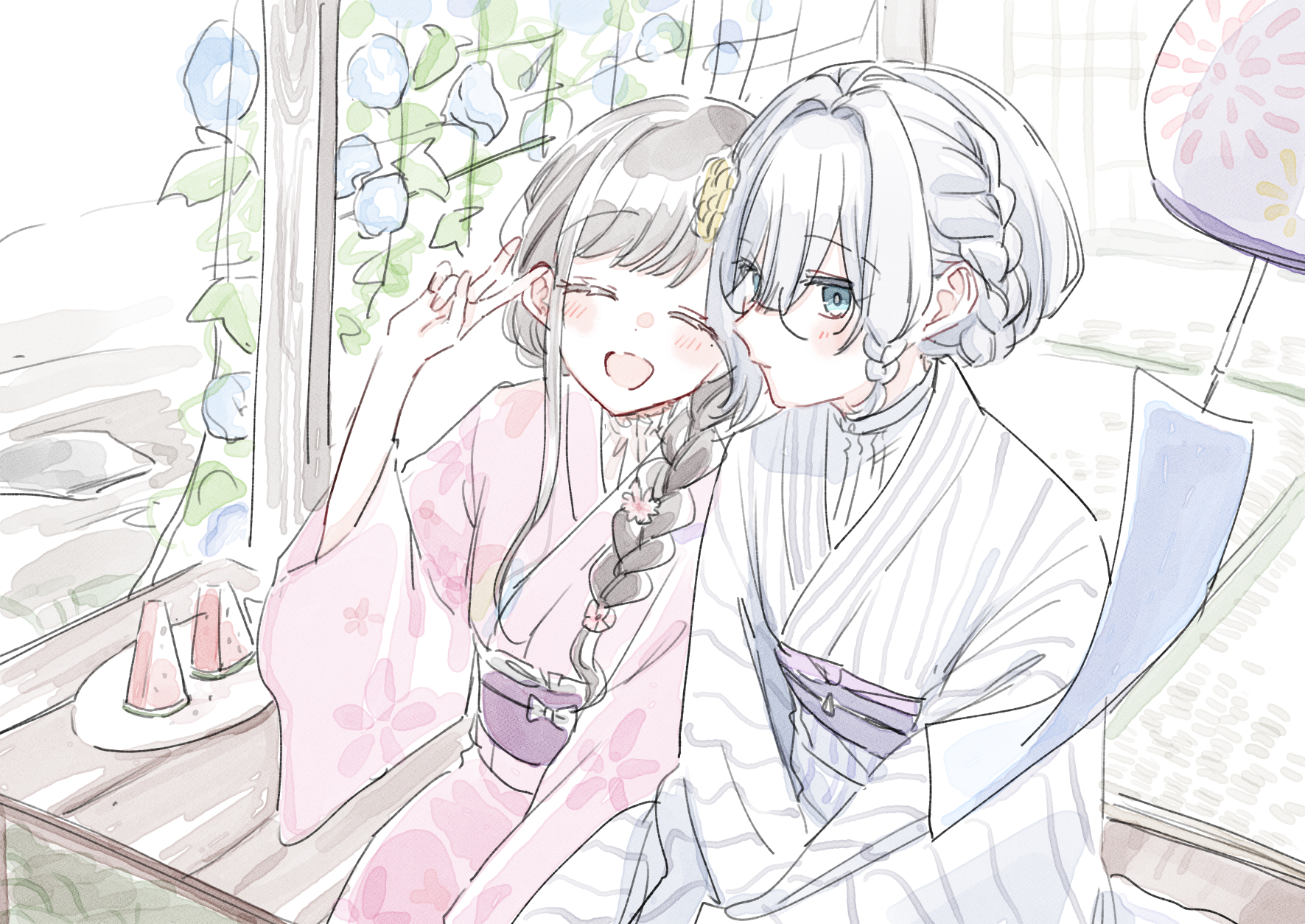 yuama, asaka kaori, hoshikawa shizuku, kimi to tsuzuru utakata, commentary request, highres, 2girls, blue eyes, blue kimono, blush, braid, brown hair, closed eyes, food, fruit, hair between eyes, japanese clothes, kimono, long hair, multiple girls, open mouth, pink kimono, short hair, single braid, v, watermelon, watermelon slice, white hair