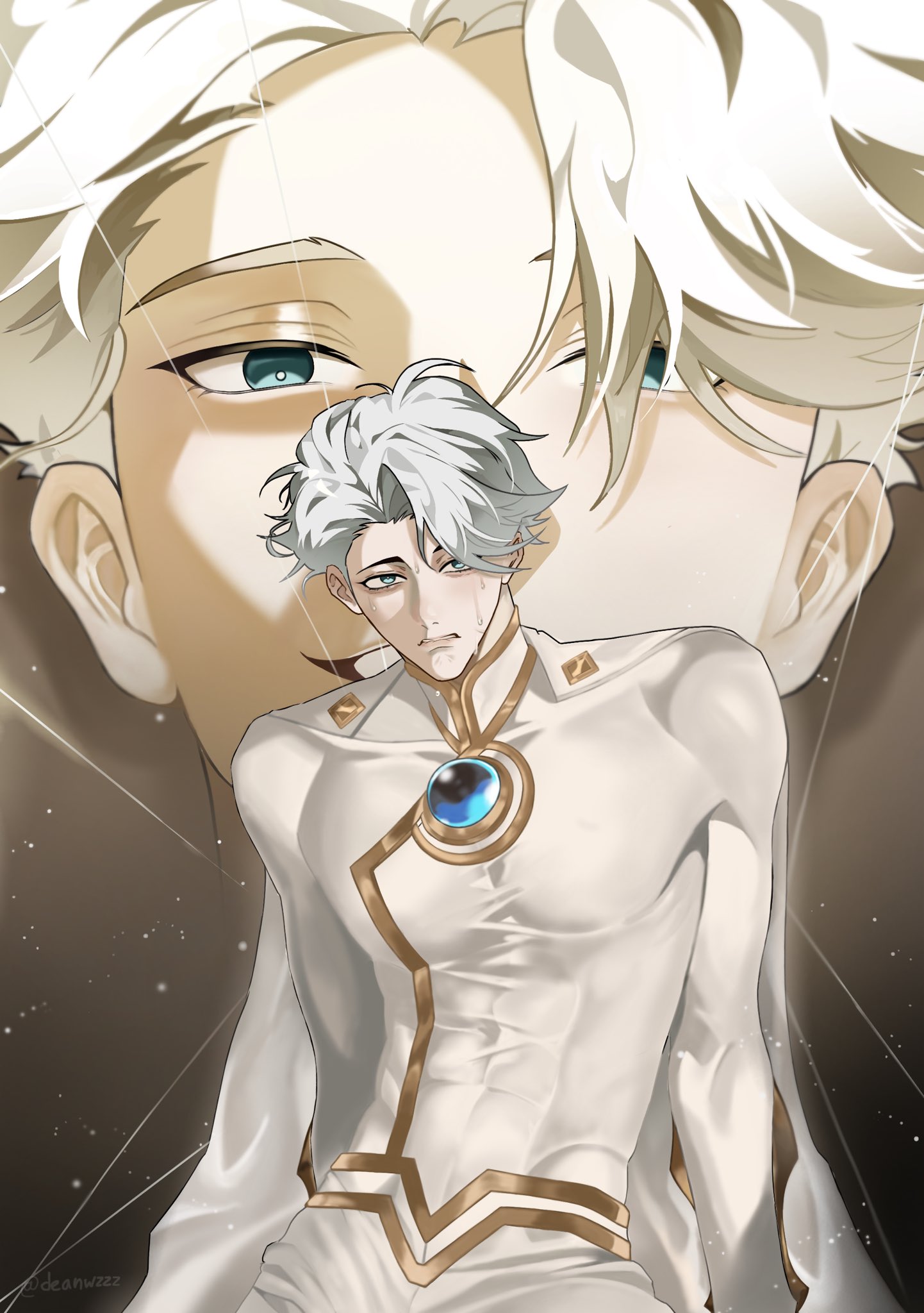 nice (to be hero x), to be hero, to be hero x, highres, 1boy, aqua eyes, cape, closed mouth, covered abs, covered pectorals, deanwzzz, looking at viewer, male focus, multiple views, muscular, muscular male, pectorals, short hair, skin tight, twitter username, upper body, white cape, white hair