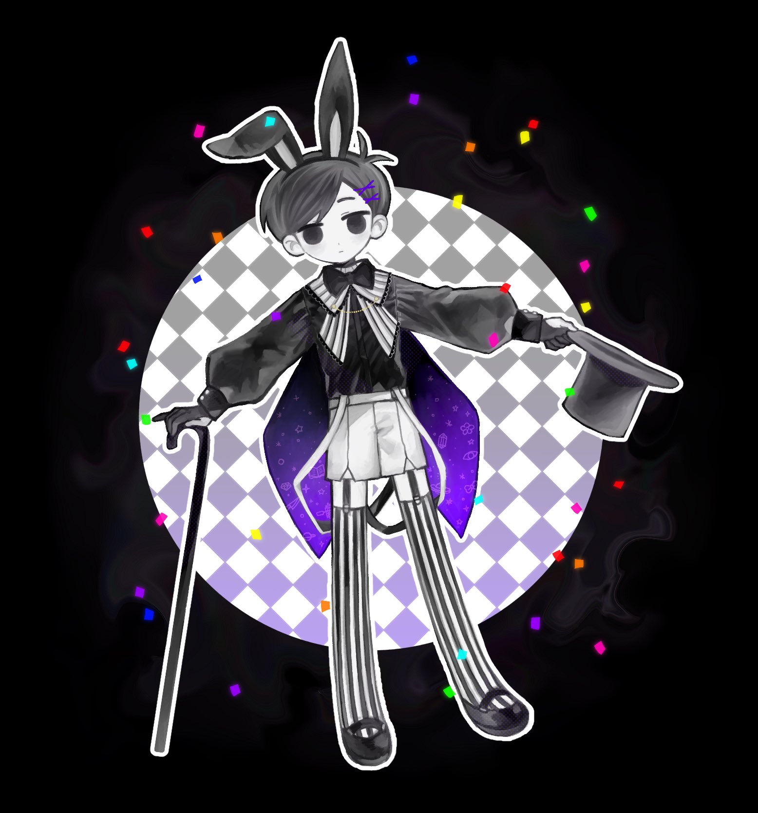 rou (h s sinrin), omori (omori), omori, highres, 1boy, adapted costume, alternate costume, alternate hairstyle, animal ear hairband, animal ears, antenna hair, black background, black bow, black bowtie, black eyes, black hair, black hat, black shoes, bow, bowtie, cane, closed mouth, expressionless, fake animal ears, full body, gloves, hair ornament, hairband, hat, holding, holding cane, holding unworn clothes, holding unworn hat, long sleeves, male focus, multicolored thighhighs, partially fingerless gloves, rabbit ear hairband, rabbit ears, shoes, short hair, shorts, solo, striped clothes, striped thighhighs, swept bangs, thighhighs, top hat, unworn hat, unworn headwear, vertical-striped clothes, vertical-striped thighhighs, white shorts, x hair ornament