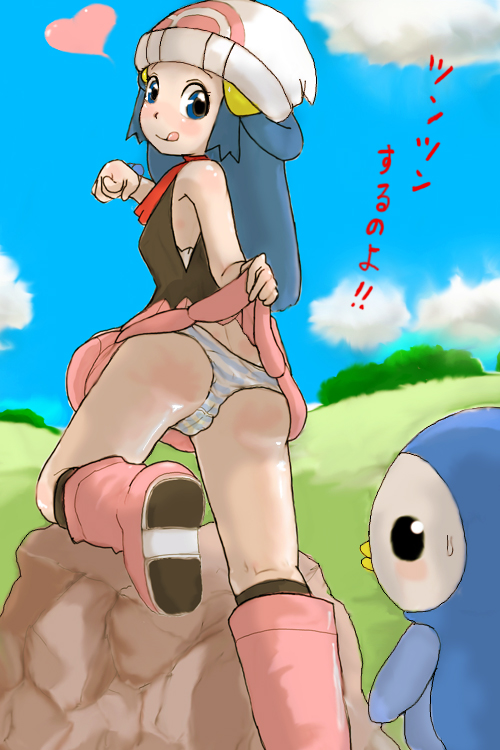 superamu ka, dawn (pokemon), piplup, nintendo, pokemon, machine-translated, 1girl, ass, beanie, boots, clothes lift, food, fruit, gen 4 pokemon, hat, heart, loli, melon, naughty face, panties, pantyshot, pink boots, pokemon (creature), skirt, skirt lift, striped clothes, striped panties, tongue, underwear, upskirt