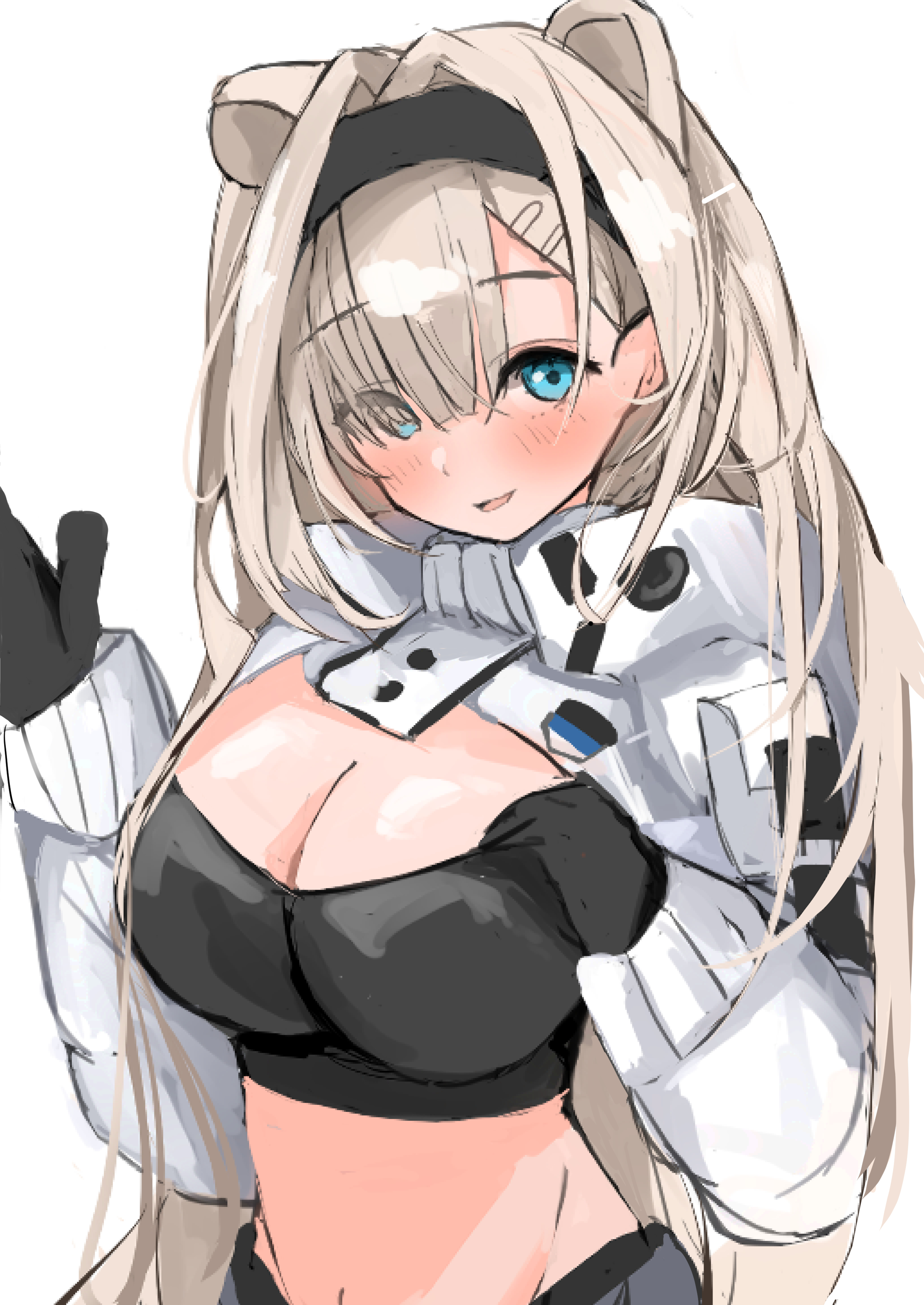 sunaneko, aurora (arknights), aurora (elite ii) (arknights), arknights, absurdres, highres, 1girl, :d, animal ears, bear ears, black gloves, black hairband, black sports bra, blue eyes, blush, breasts, cleavage, extra ears, eyes visible through hair, gloves, grey hair, hair over one eye, hairband, hand on own face, holding hands, large breasts, long hair, long sleeves, looking at viewer, midriff, open mouth, puffy long sleeves, puffy sleeves, shrug (clothing), simple background, smile, solo, sports bra, upper body, white background, white shrug