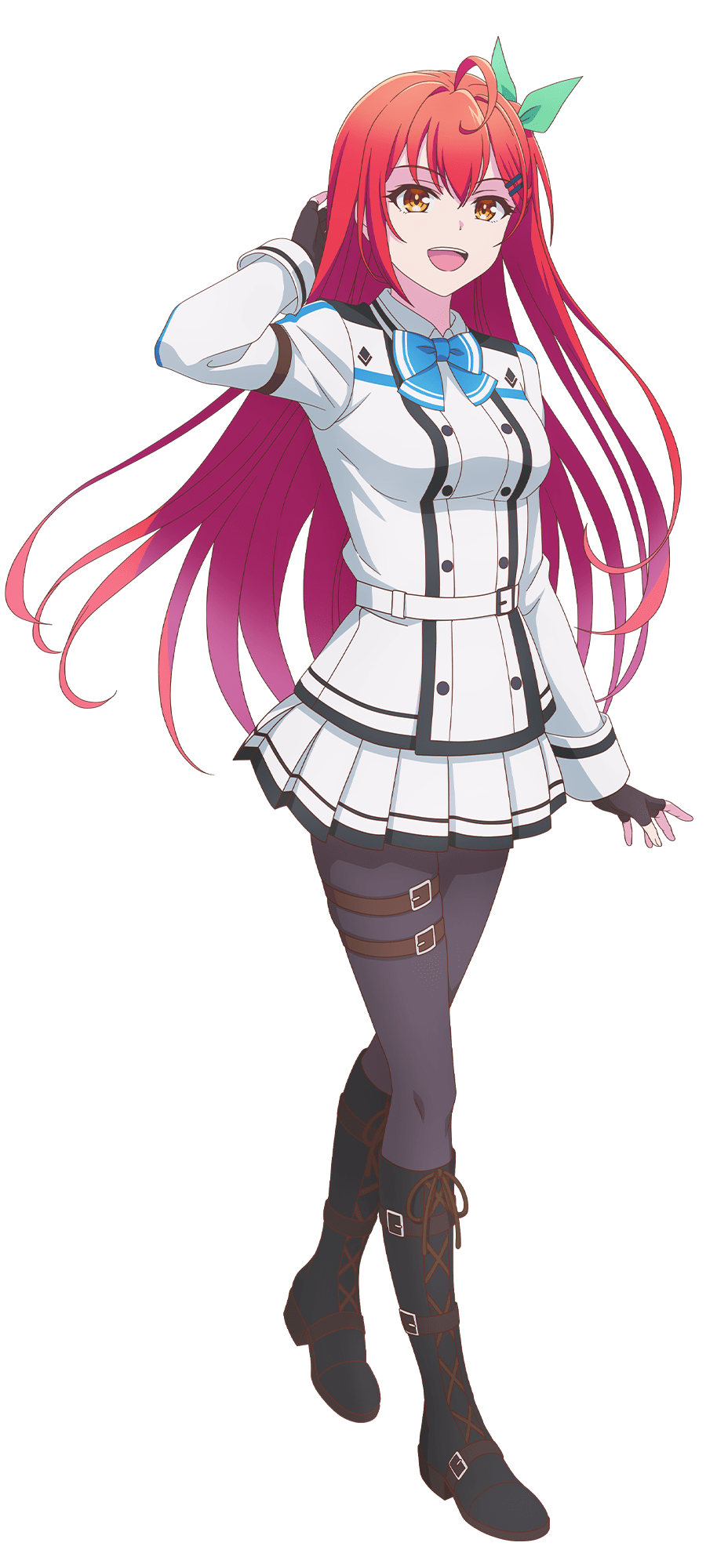 watanabe yoshihiro, leoleshea, kami wa game ni ueteiru, highres, official art, 1girl, ahoge, anime coloring, arm up, belt, black boots, black gloves, blue bow, boots, bow, bowtie, breasts, collared shirt, fingerless gloves, full body, gloves, green ribbon, hair ornament, hair ribbon, hairclip, hand in own hair, jacket, large breasts, long hair, long sleeves, looking at viewer, open hand, open mouth, pantyhose, pleated skirt, red hair, ribbon, shirt, simple background, skirt, smile, solo, standing, teeth, thigh belt, thigh strap, transparent background, very long hair, white belt, white jacket, white shirt, white skirt, yellow eyes