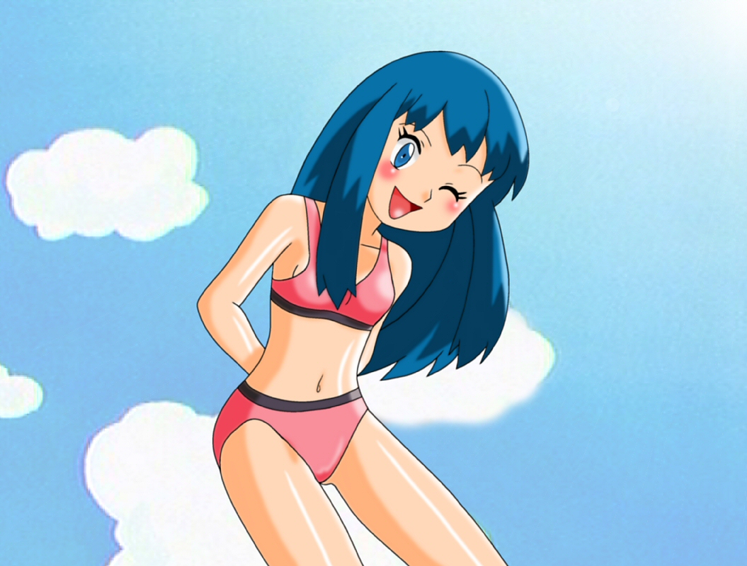 dawn (pokemon), nintendo, pokemon, artist request, source request, 1girl, alternate costume, arms behind back, bikini, blue eyes, blue hair, blush, breasts, cloud, collarbone, female focus, long hair, looking at viewer, navel, one eye closed, open mouth, pink bikini, sky, small breasts, smile, solo, swimsuit, wink