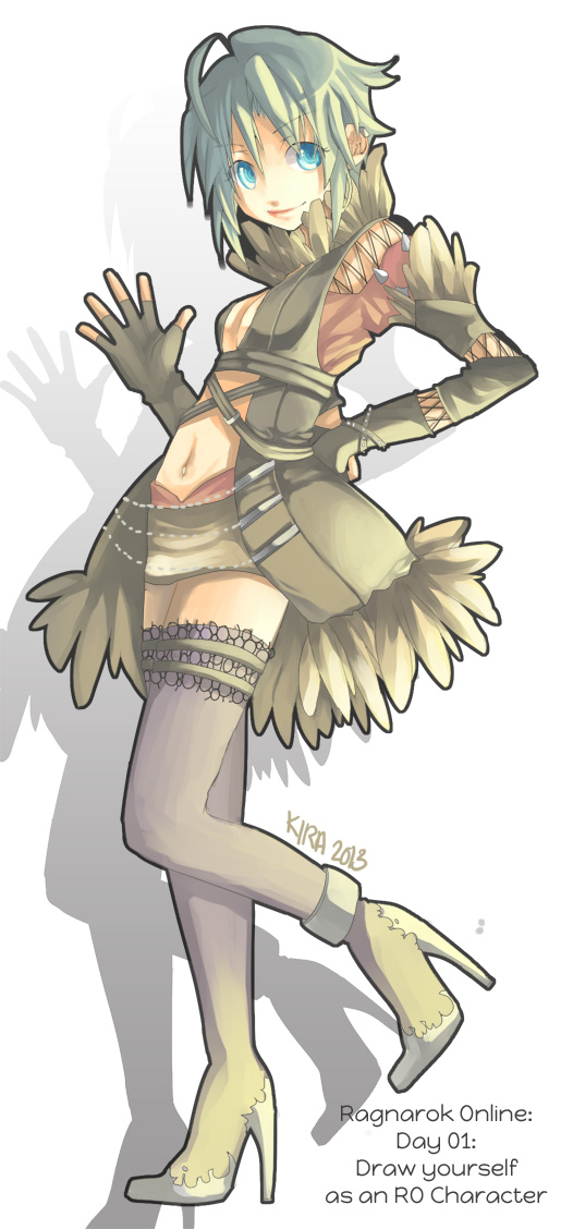 shadow chaser (ragnarok online), ragnarok online, commentary, 1girl, 2013, blue eyes, breasts, brown coat, brown skirt, cleavage, closed mouth, coat, cross-laced clothes, cross-laced gloves, cross-laced top, elbow gloves, english text, fingerless gloves, full body, fur-trimmed coat, fur trim, gloves, green hair, grey shoes, grey thighhighs, high heels, kiratea, lace, lace-trimmed thighhighs, lace trim, looking at viewer, miniskirt, navel, shoes, short hair, simple background, skirt, small breasts, smile, solo, standing, standing on one leg, thighhighs, waving, white background