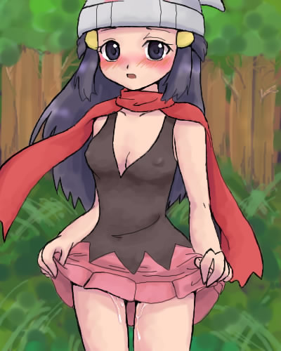 dawn (pokemon), nintendo, pokemon, lowres, 1girl, blush, breasts, cleavage, cum, food, fruit, melon, nipples