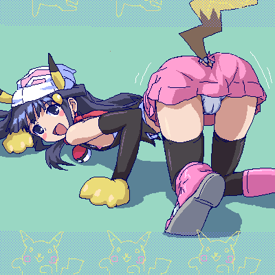 dawn (pokemon), pikachu, chokotto sister, nintendo, pokemon, lowres, 1girl, animal ears, animal hands, ass, beanie, black thighhighs, blue eyes, blue hair, blush, boots, cameltoe, cosplay, costume, elbow gloves, female focus, flat chest, food, fruit, gen 1 pokemon, gloves, hat, long hair, looking back, matching hair/eyes, melon, nekonyan dance, nipple slip, nipples, no bra, oekaki, panties, parody, pikachu (cosplay), pink boots, poke ball, skirt, solo, tail, thighhighs, top-down bottom-up, underwear