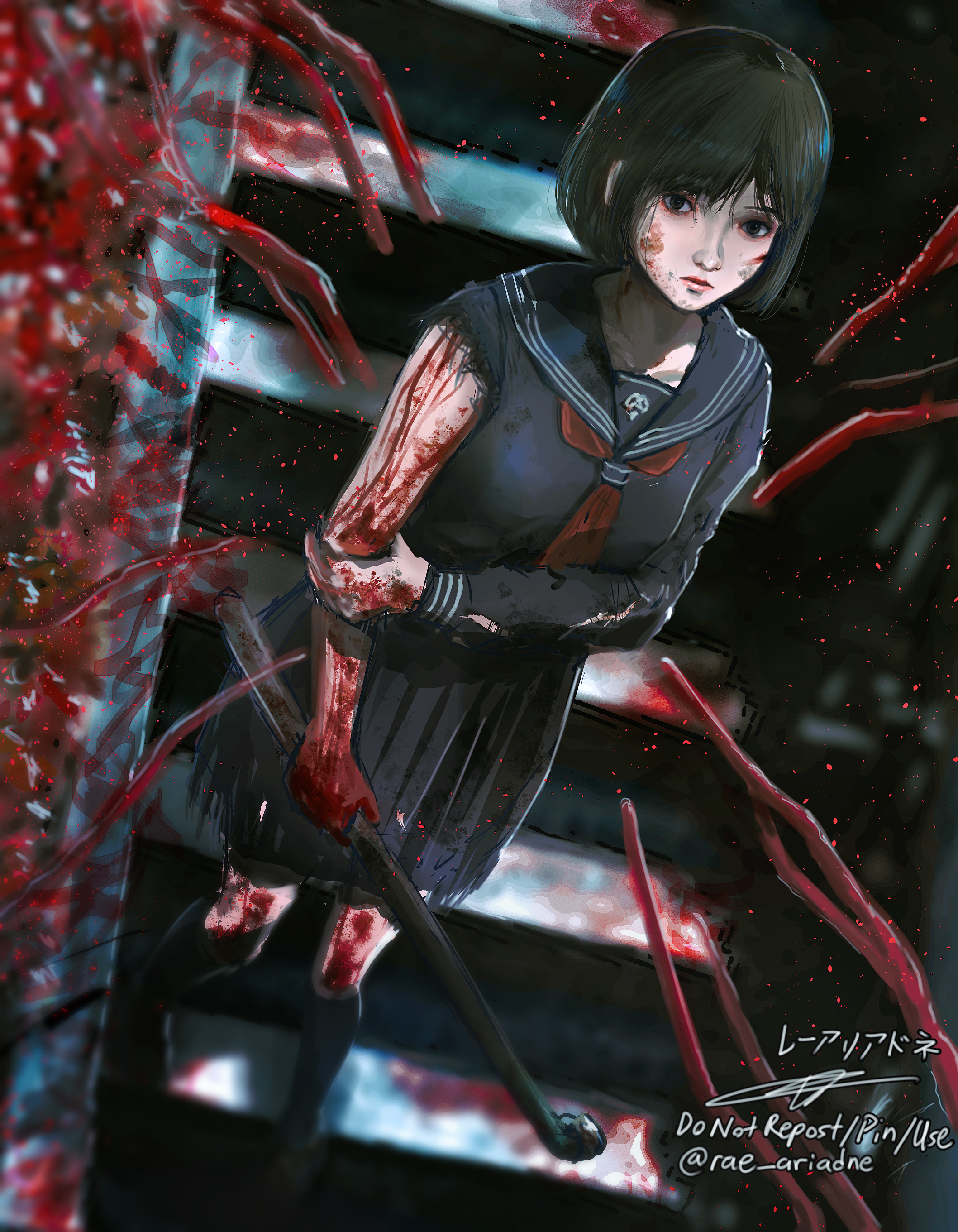 rae ariadne, shimizu hinako, silent hill (series), silent hill f, absurdres, highres, 1girl, black hair, blood, blood on face, blood on hands, full body, holding, holding lead pipe, lead pipe, looking at viewer, medium hair, railing, school uniform, solo, stairs, torn clothes