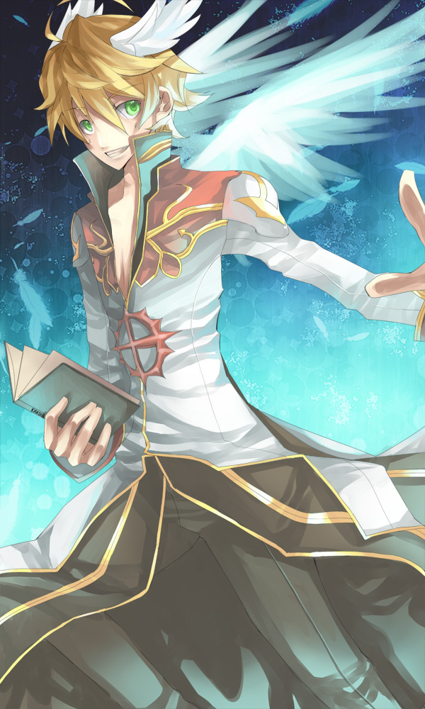 high priest (ragnarok online), ragnarok online, commentary request, 1boy, 1girl, black coat, black pants, blonde hair, blue background, book, coat, cowboy shot, feathered wings, feathers, gold trim, green eyes, grin, hair between eyes, head wings, holding, holding book, kiratea, long sleeves, looking at viewer, male focus, multicolored coat, pants, red coat, short hair, smile, solo, two-tone coat, white coat, white wings, wings