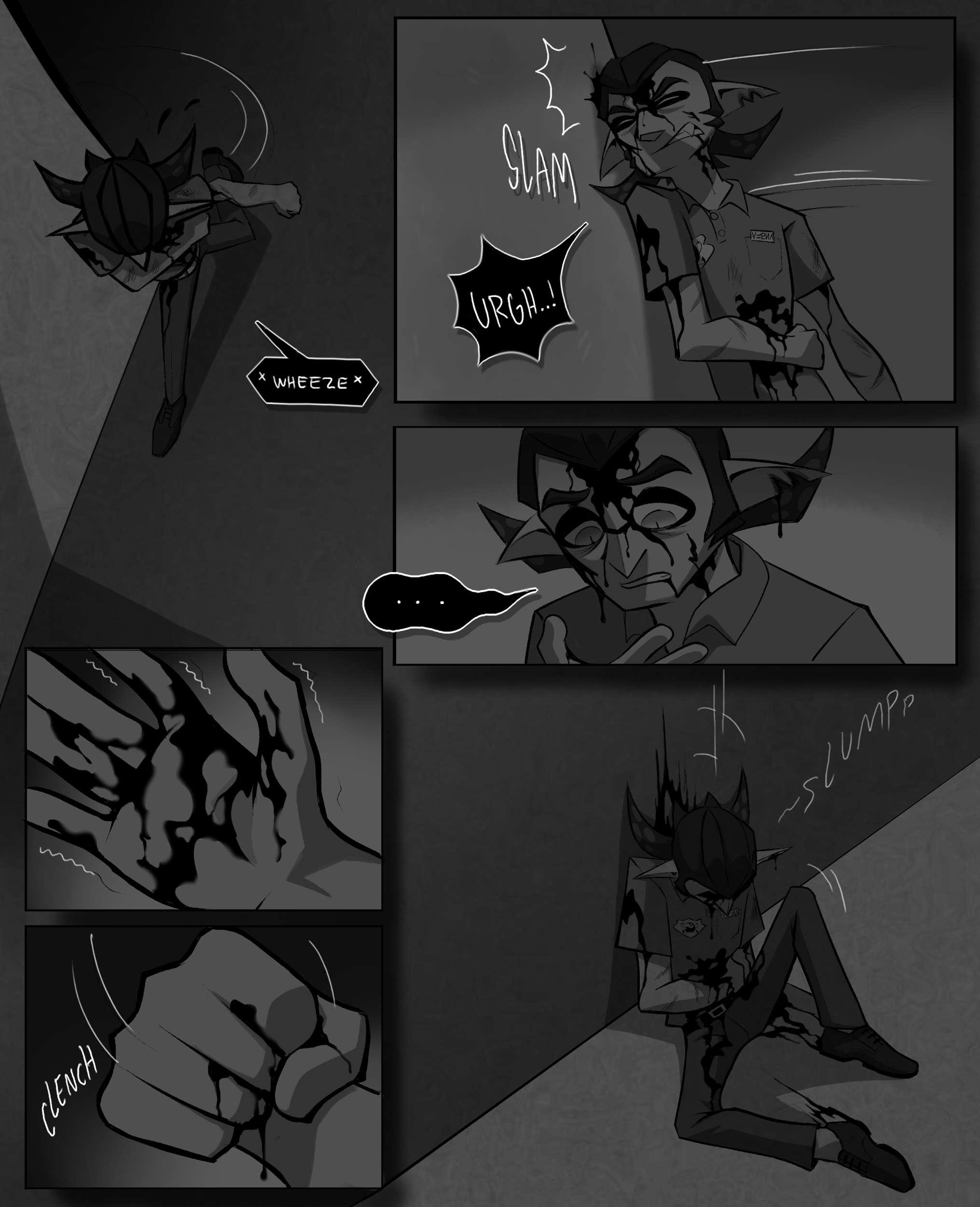 roachgore, nintendo, original, splatoon (series), absurdres, highres, 1boy, black hair, blood, frown, full body, injury, inkling, male focus, pointy ears, pointy nose, rassicas, teeth, tentacle hair, thick eyebrows, upper body, verna rassica