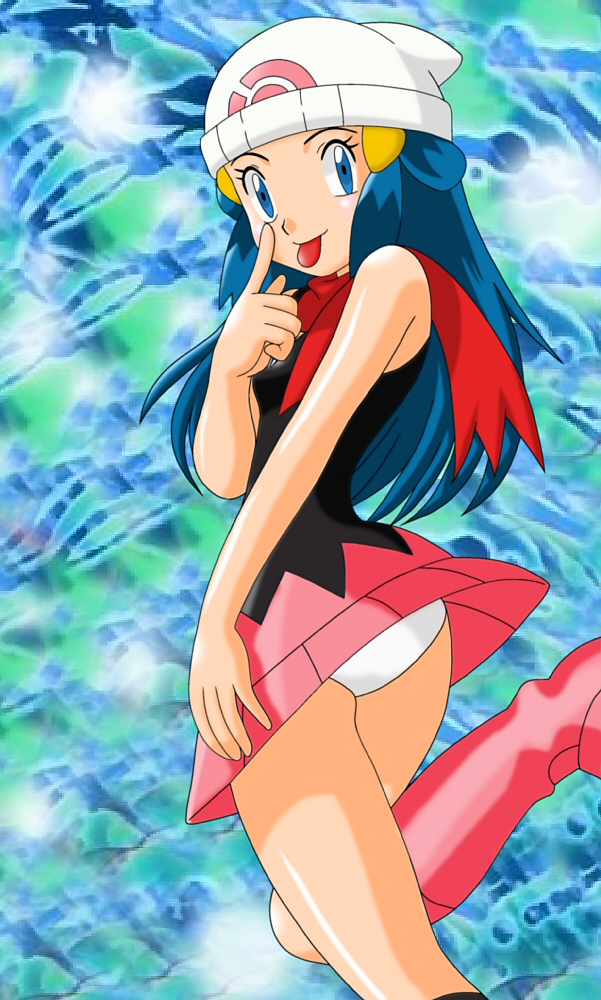 dawn (pokemon), nintendo, pokemon, pink footwear, artist request, 1girl, :p, ass, back, beanie, black shirt, blue eyes, blue hair, boots, eyelid pull, food, fruit, hair ornament, hairclip, hat, legs, looking back, melon, panties, pink skirt, poke ball print, print headwear, shirt, skirt, smile, standing, standing on one leg, tank top, teasing, thighs, tongue, tongue out, underwear, upskirt, white hat, white panties